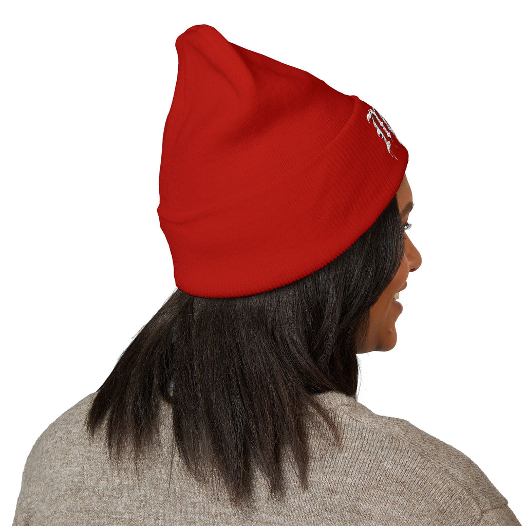 Embroidered Gothic "Maa" Cuffed Beanie — Black Drip Lettering Knit Hat
