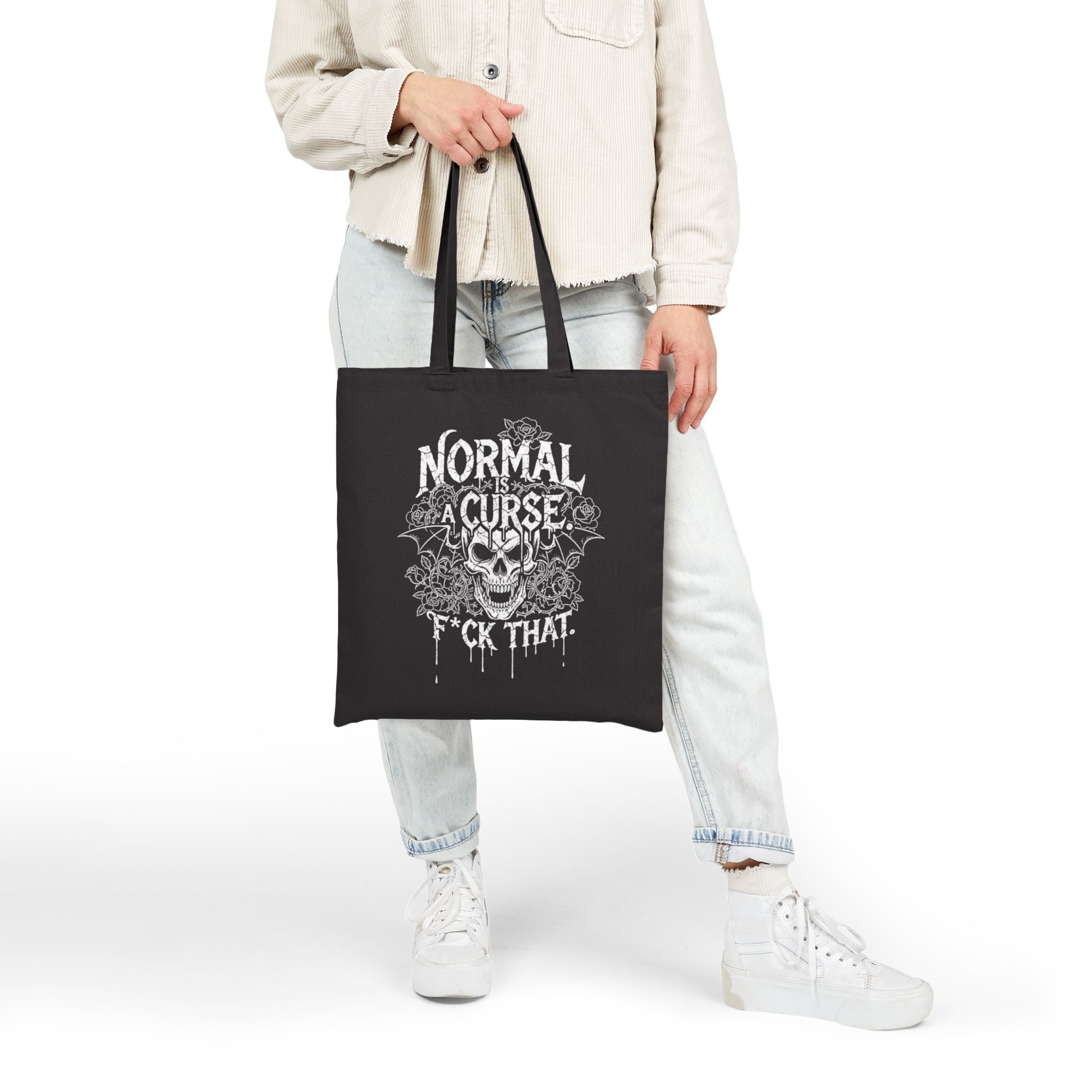 Skull Graphic Tote Bag — "Normal Is A Curse" Alternative Canvas Tote