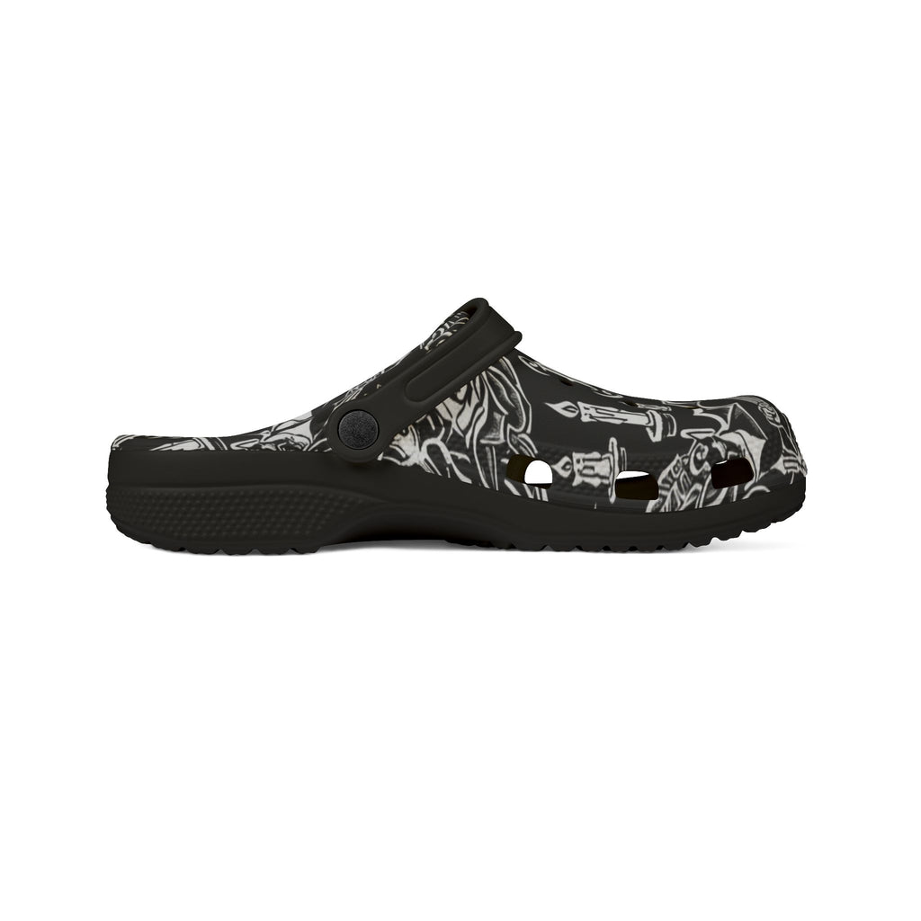 Gothic Skull & Dagger EVA Foam Clogs — Black All-Over Print