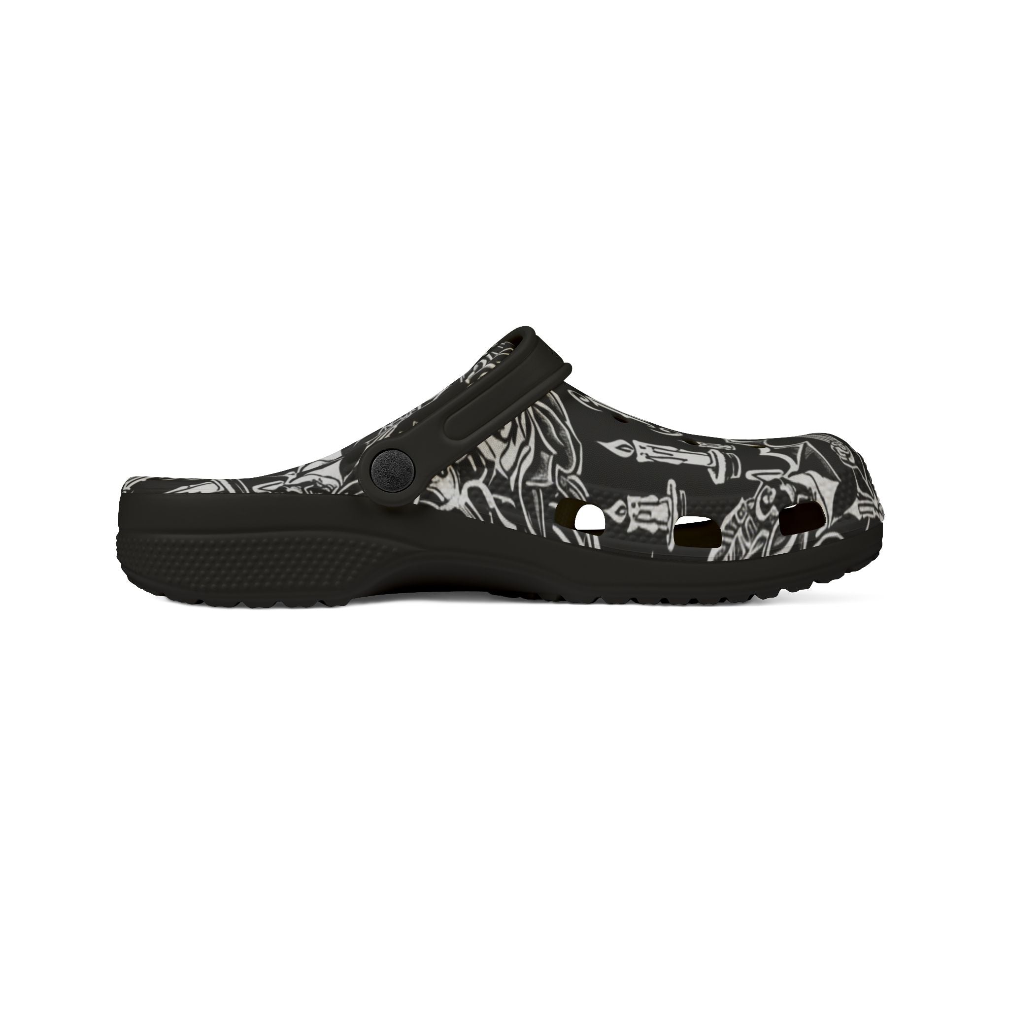 Gothic Skull & Dagger EVA Foam Clogs — Black All-Over Print