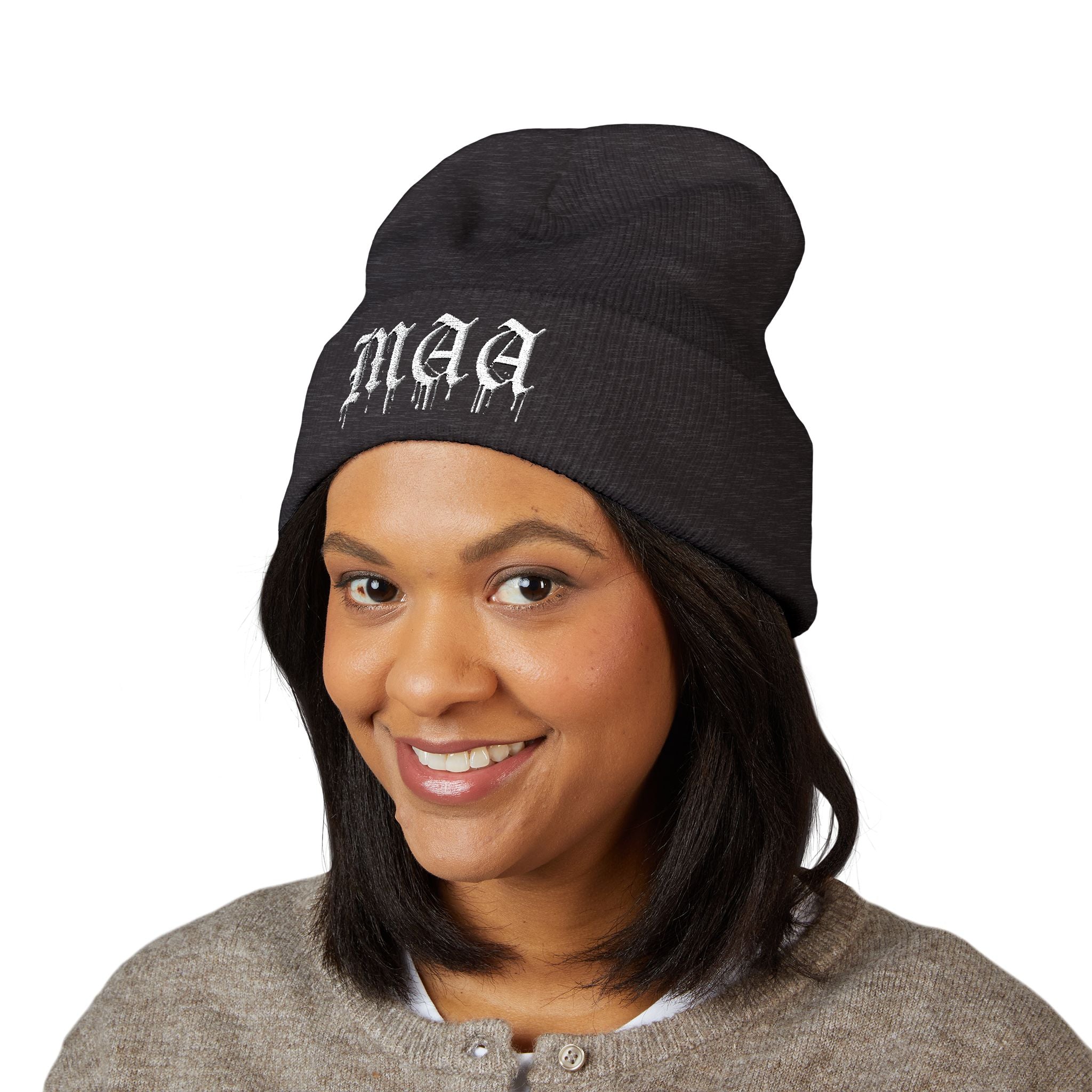 Embroidered Gothic "Maa" Cuffed Beanie — Black Drip Lettering Knit Hat
