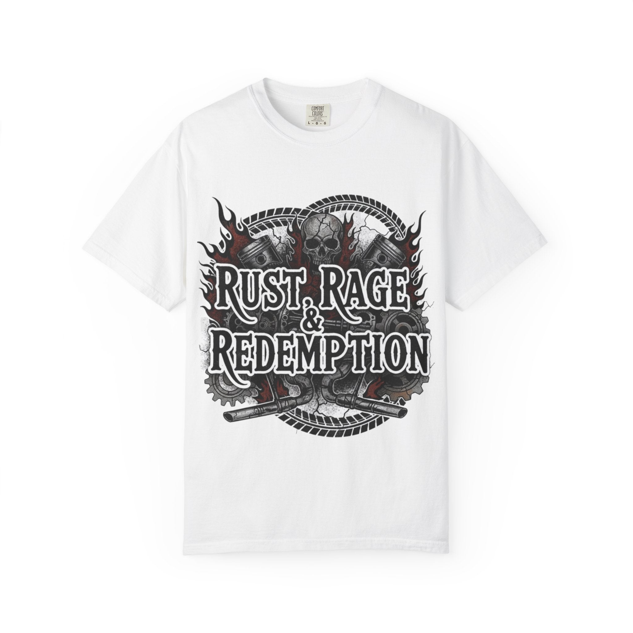 Rust, Rage & Redemption — White Stencil | MAA Gasoline & Ghosts Unisex Tee