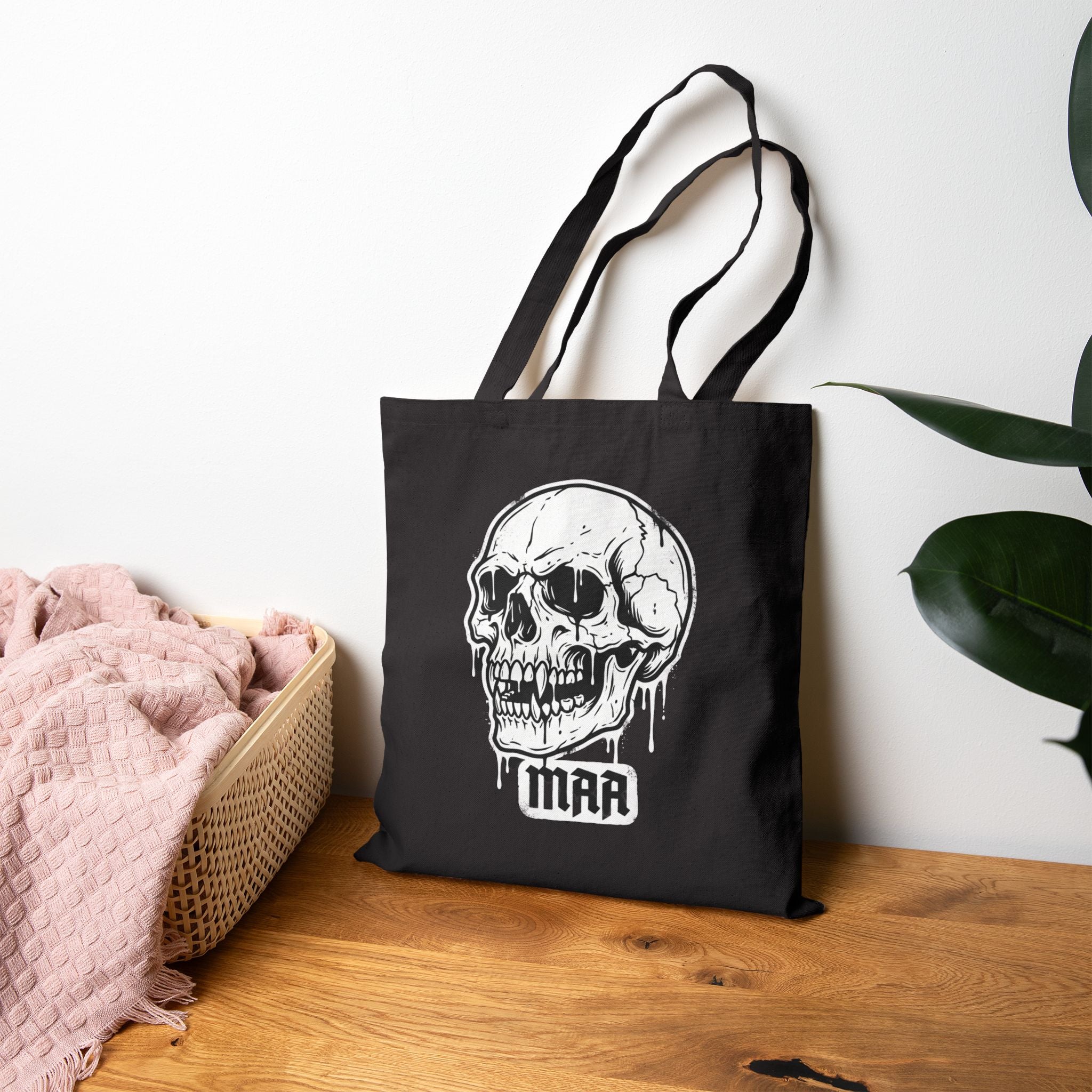 Born Rogue Cat & Dripping Skull Tote Bag — Gothic Canvas Shopper