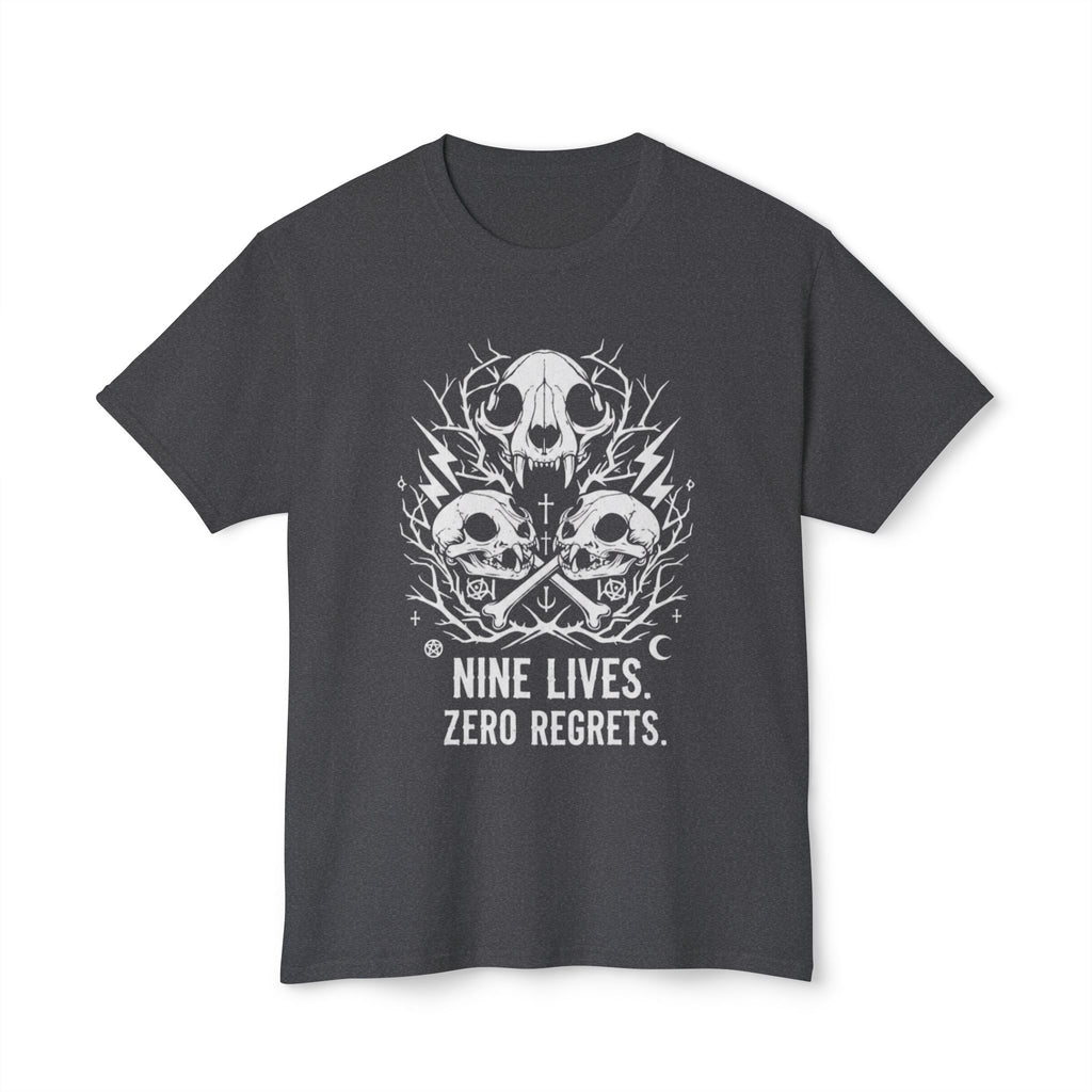 Nine Lives, Zero Regrets Cat Skull Tee — Gothic Graphic T-Shirt