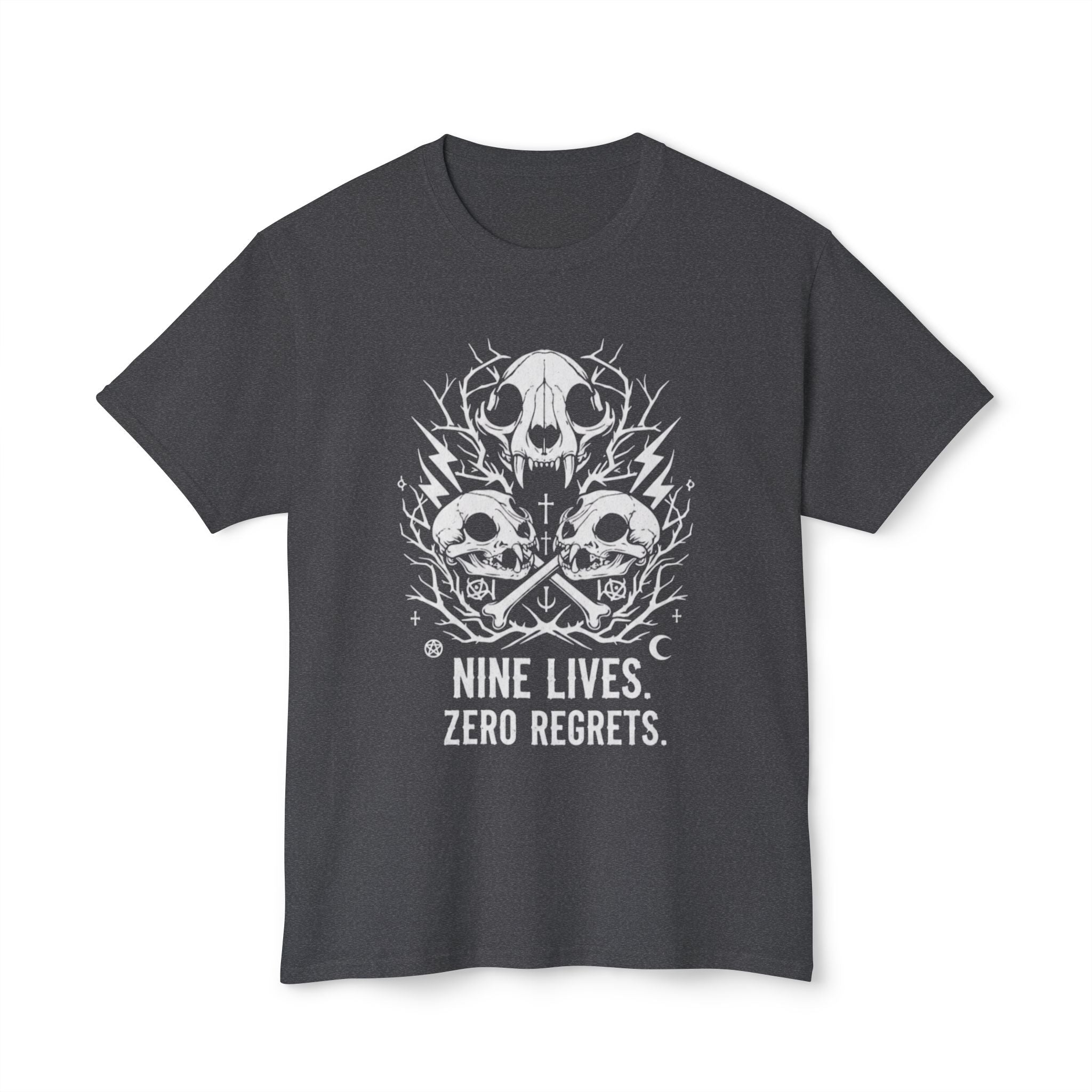 Nine Lives, Zero Regrets Cat Skull Tee — Gothic Graphic T-Shirt
