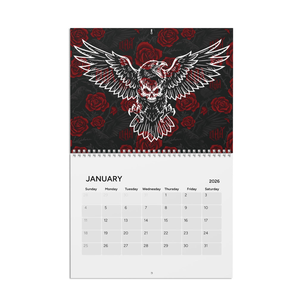 Dark Gothic 2026 Wall Calendar — Skull & Raven Art, Alternative Aesthetic
