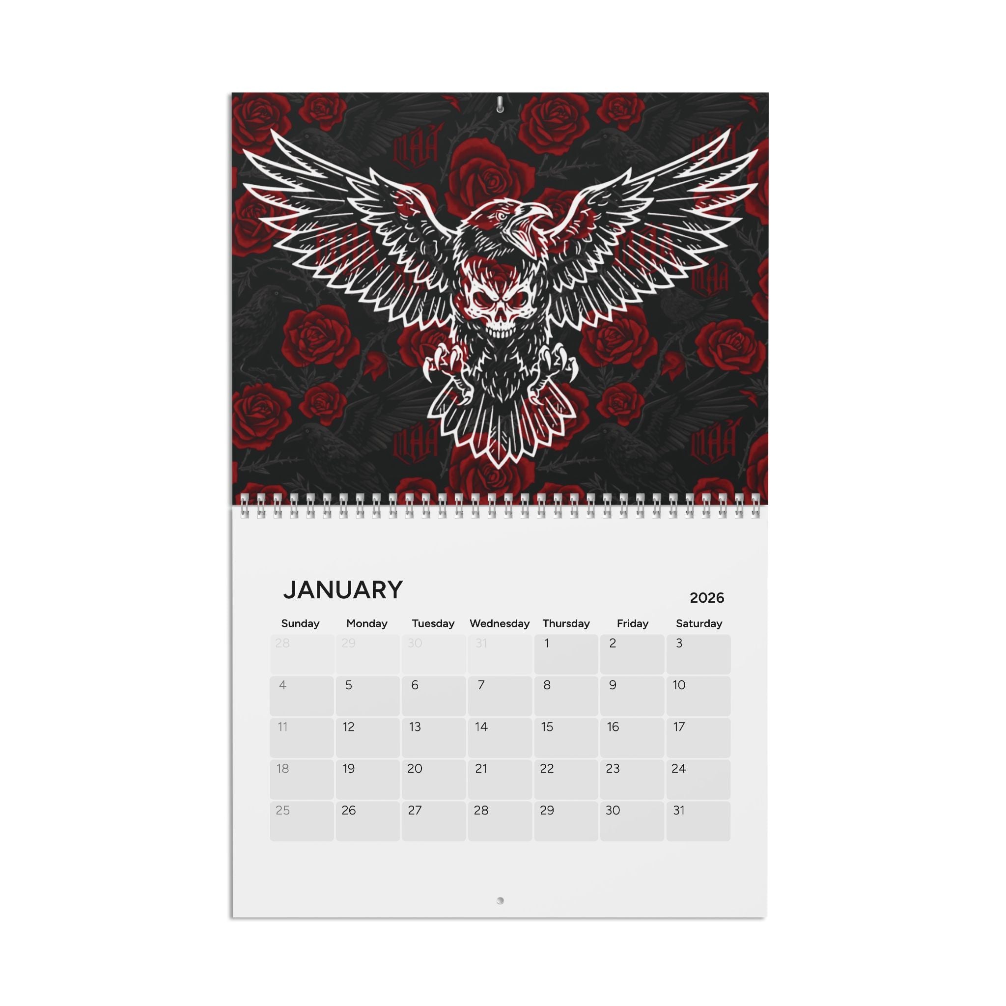 Dark Gothic 2026 Wall Calendar — Skull & Raven Art, Alternative Aesthetic