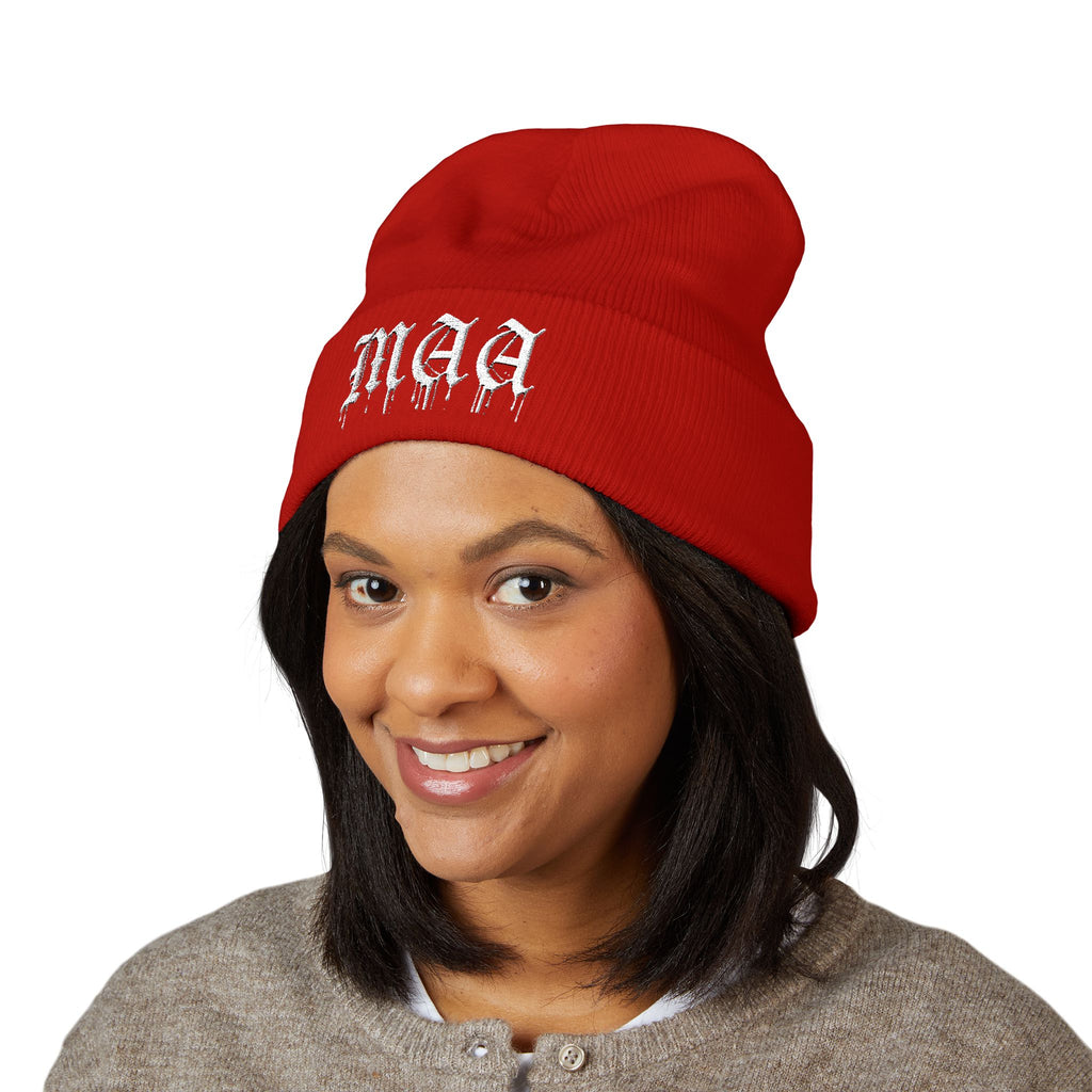Embroidered Gothic "Maa" Cuffed Beanie — Black Drip Lettering Knit Hat