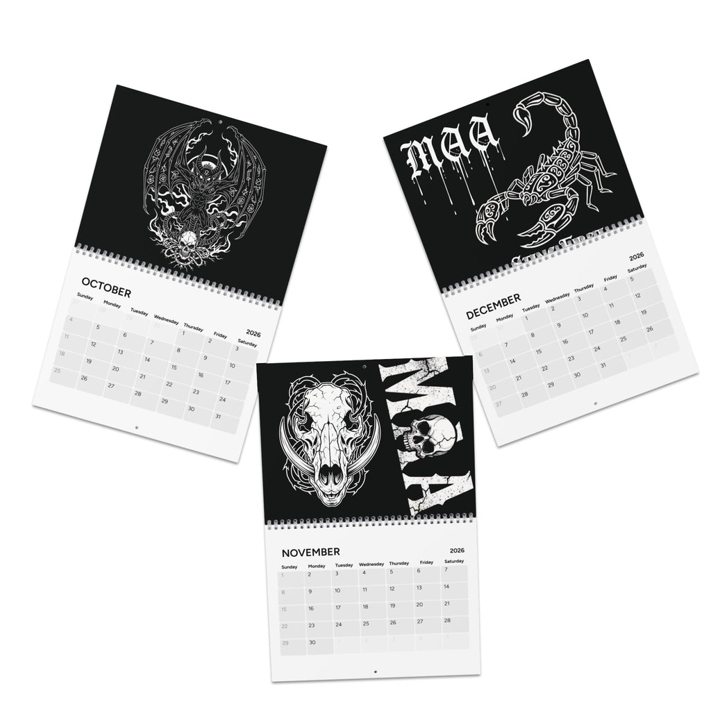 Dark Gothic 2026 Wall Calendar — Skull & Raven Art, Alternative Aesthetic