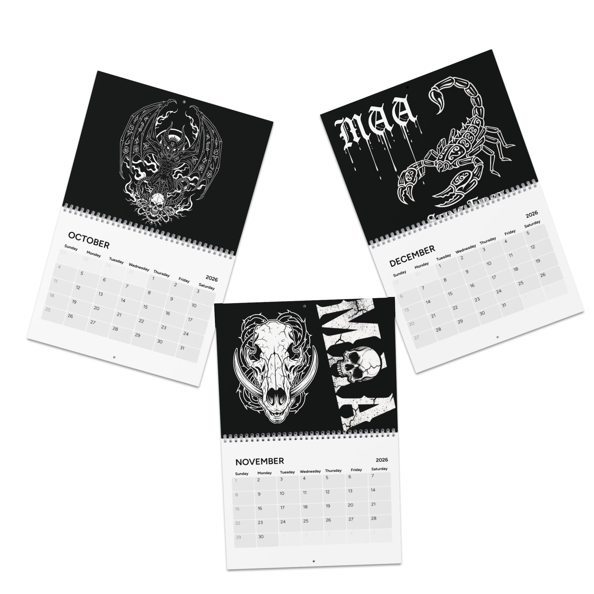 Dark Gothic 2026 Wall Calendar — Skull & Raven Art, Alternative Aesthetic