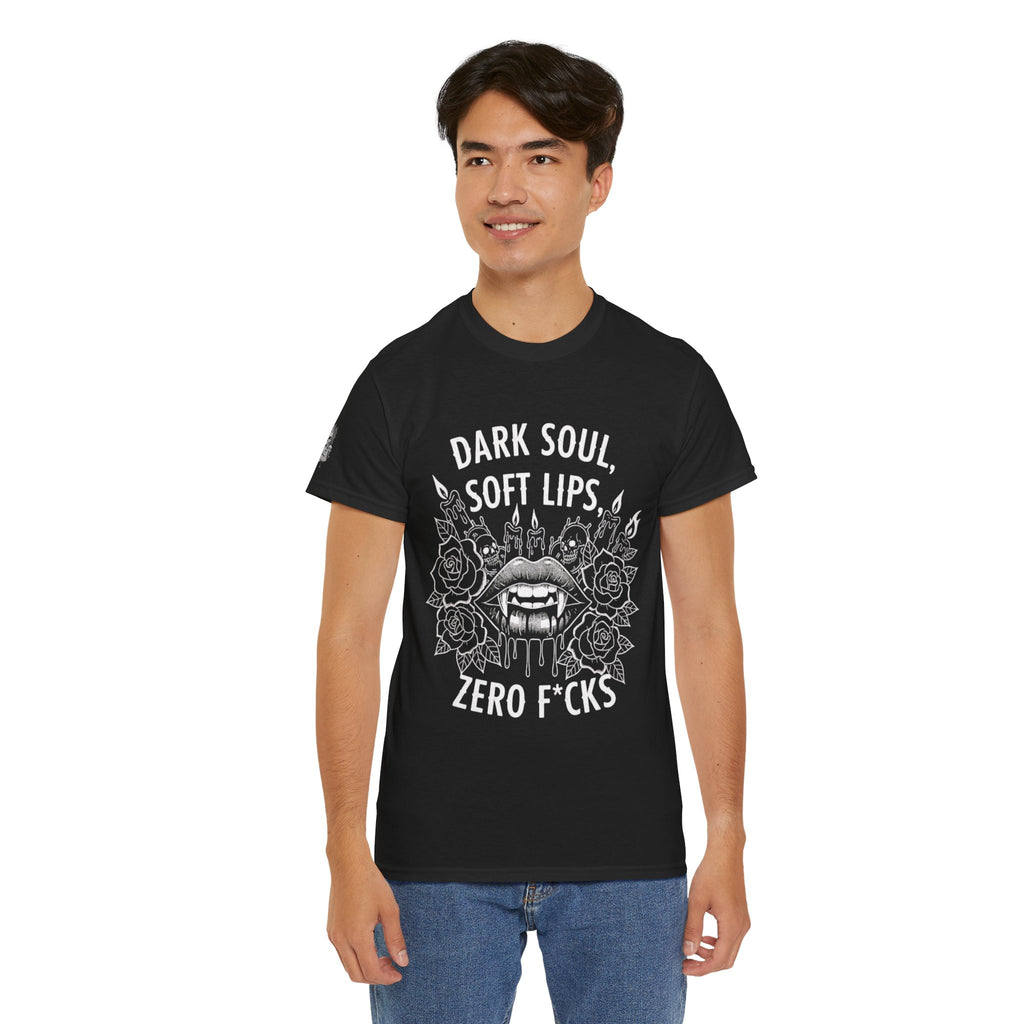 Dark Soul Skull Tee — "Dark Soul, Soft Lips, Zero F*cks" Gothic Graphic T-Shirt