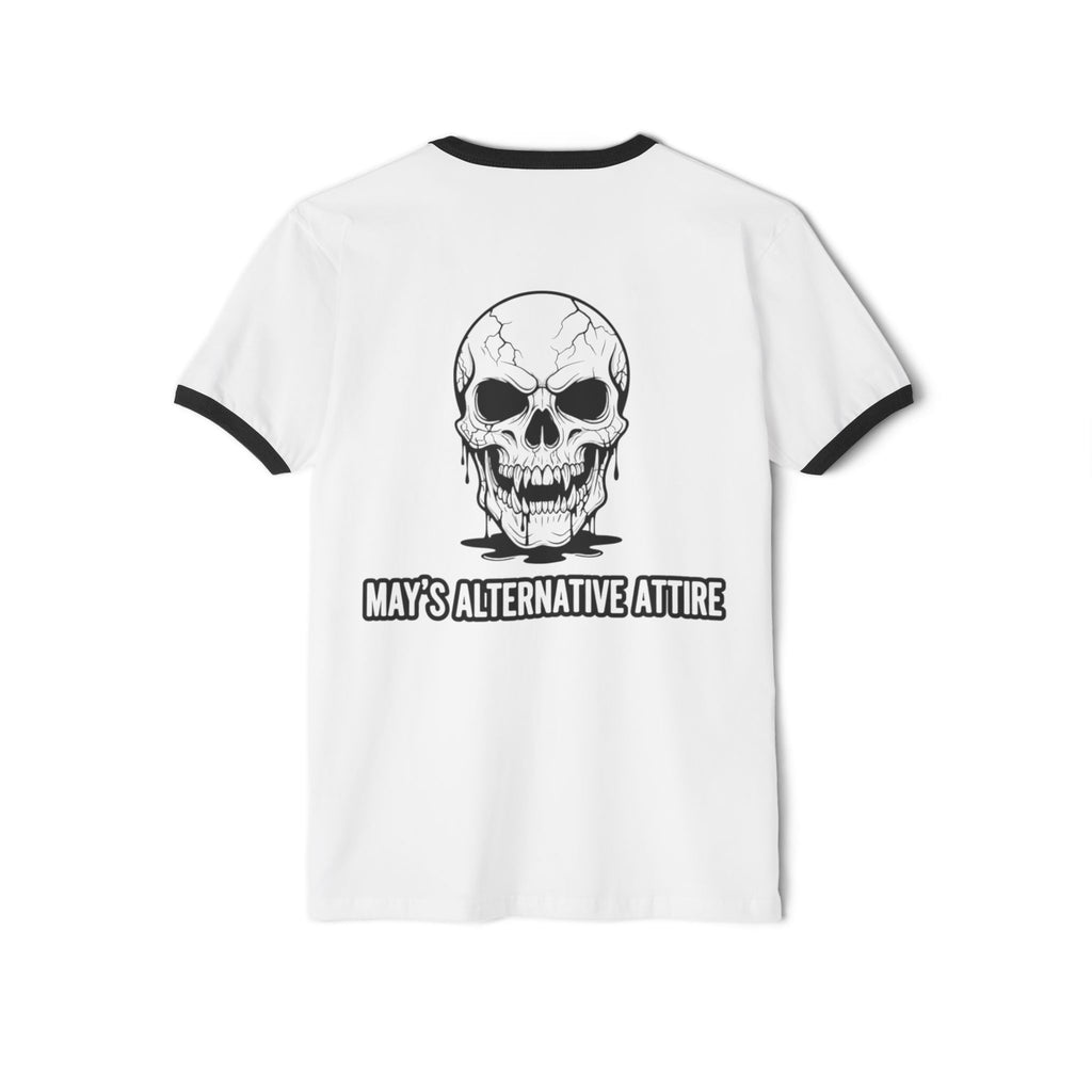 Ringer T-Shirt — “Tuxedo Chaos” Cat & Skull Graphic Retro Goth Tee