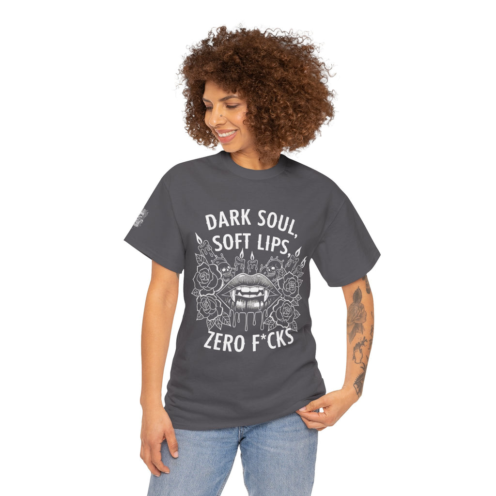 Dark Soul Skull Tee — "Dark Soul, Soft Lips, Zero F*cks" Gothic Graphic T-Shirt