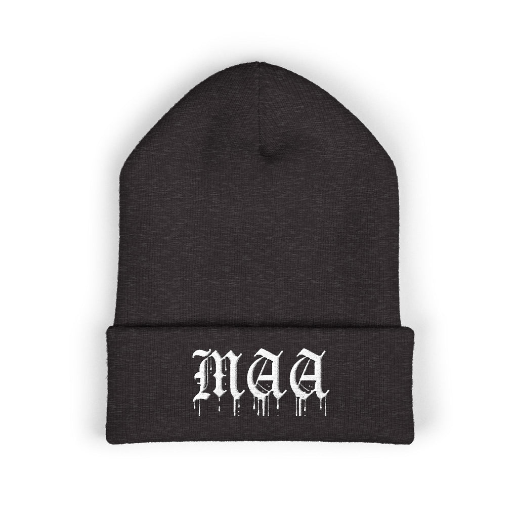 Embroidered Gothic "Maa" Cuffed Beanie — Black Drip Lettering Knit Hat