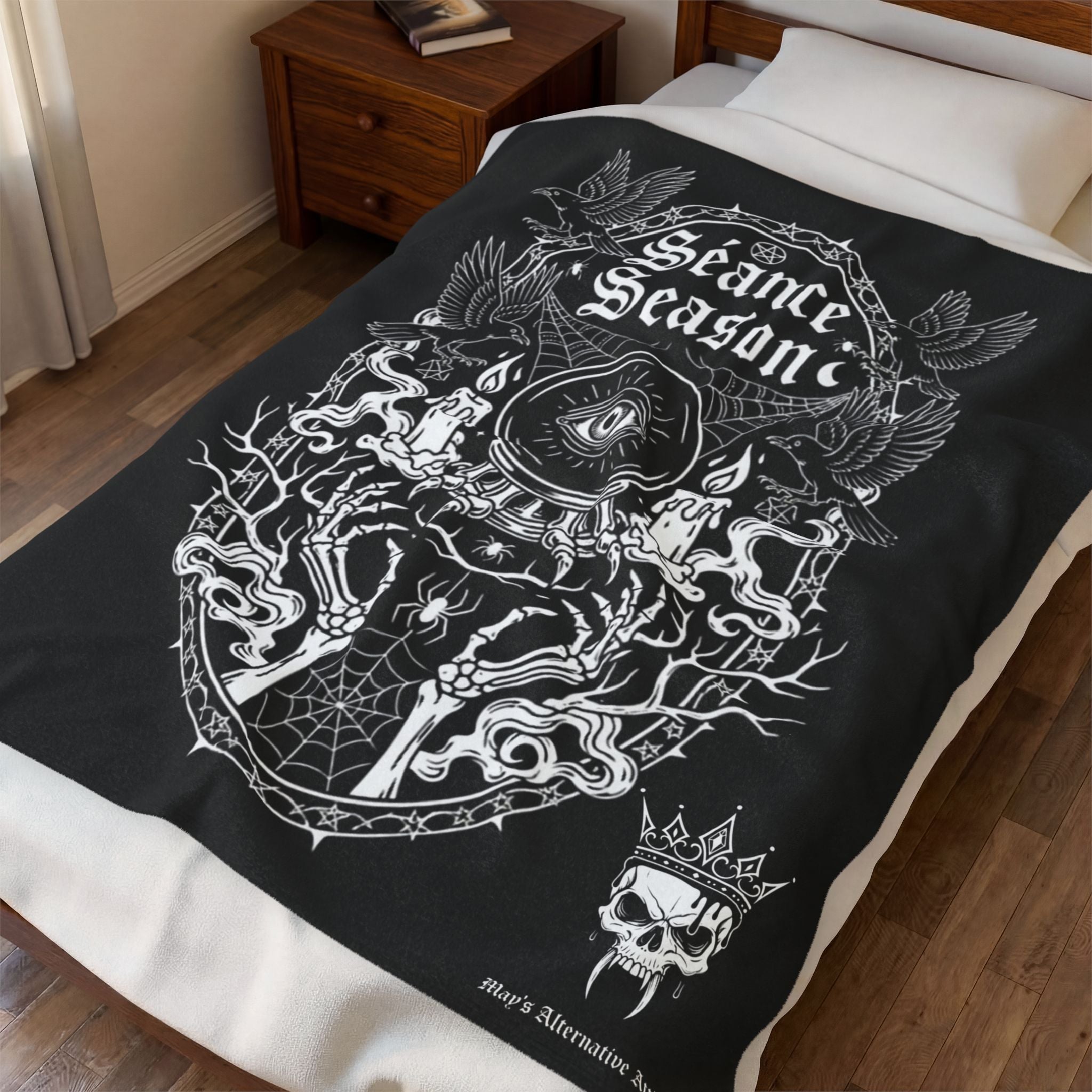 Séance Season Velveteen Plush Blanket — Gothic Occult Eye & Candle Throw
