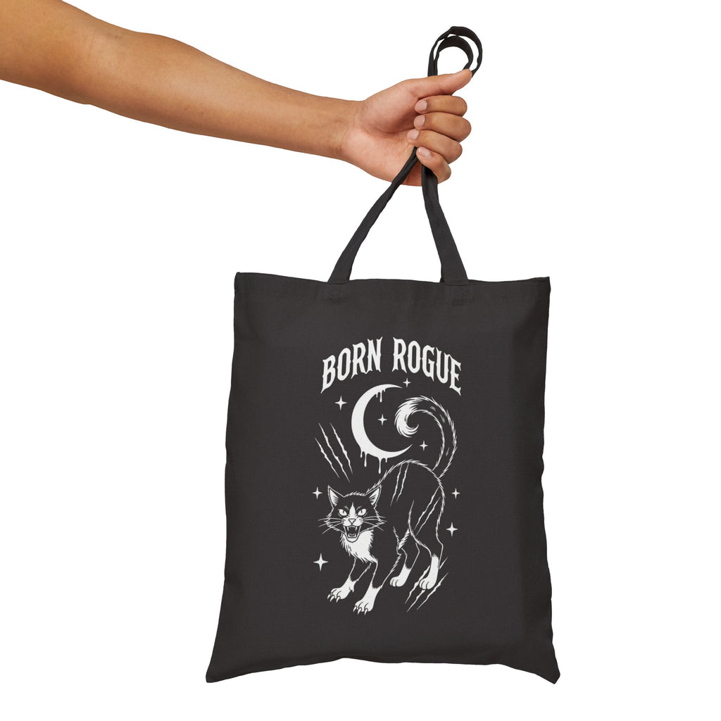 Born Rogue Cat & Dripping Skull Tote Bag — Gothic Canvas Shopper