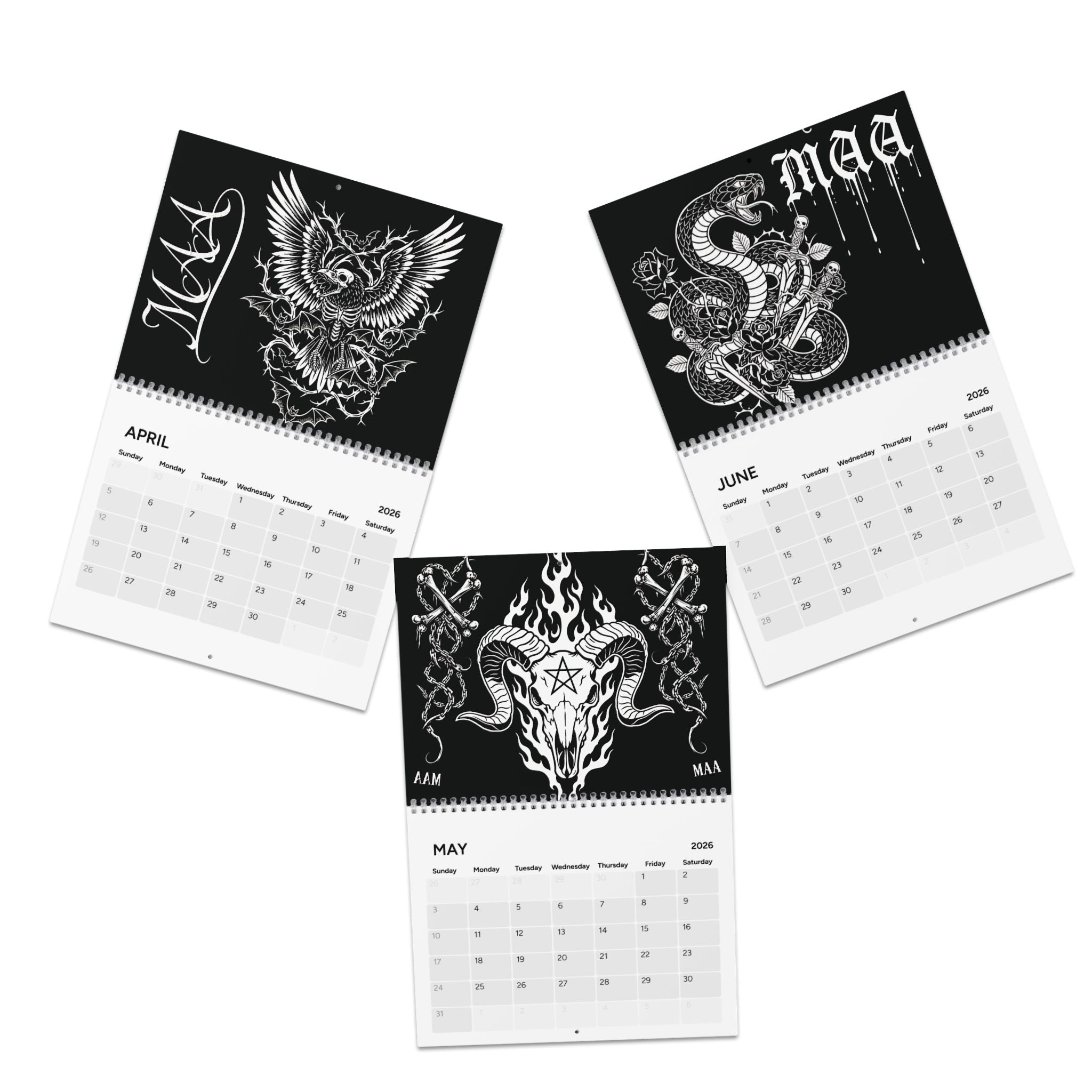 Dark Gothic 2026 Wall Calendar — Skull & Raven Art, Alternative Aesthetic