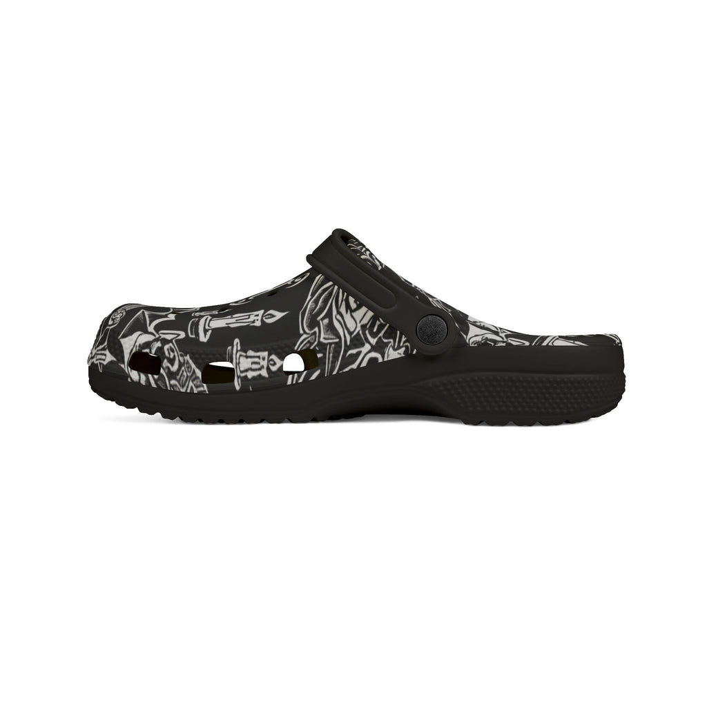 Gothic Skull & Dagger EVA Foam Clogs — Black All-Over Print
