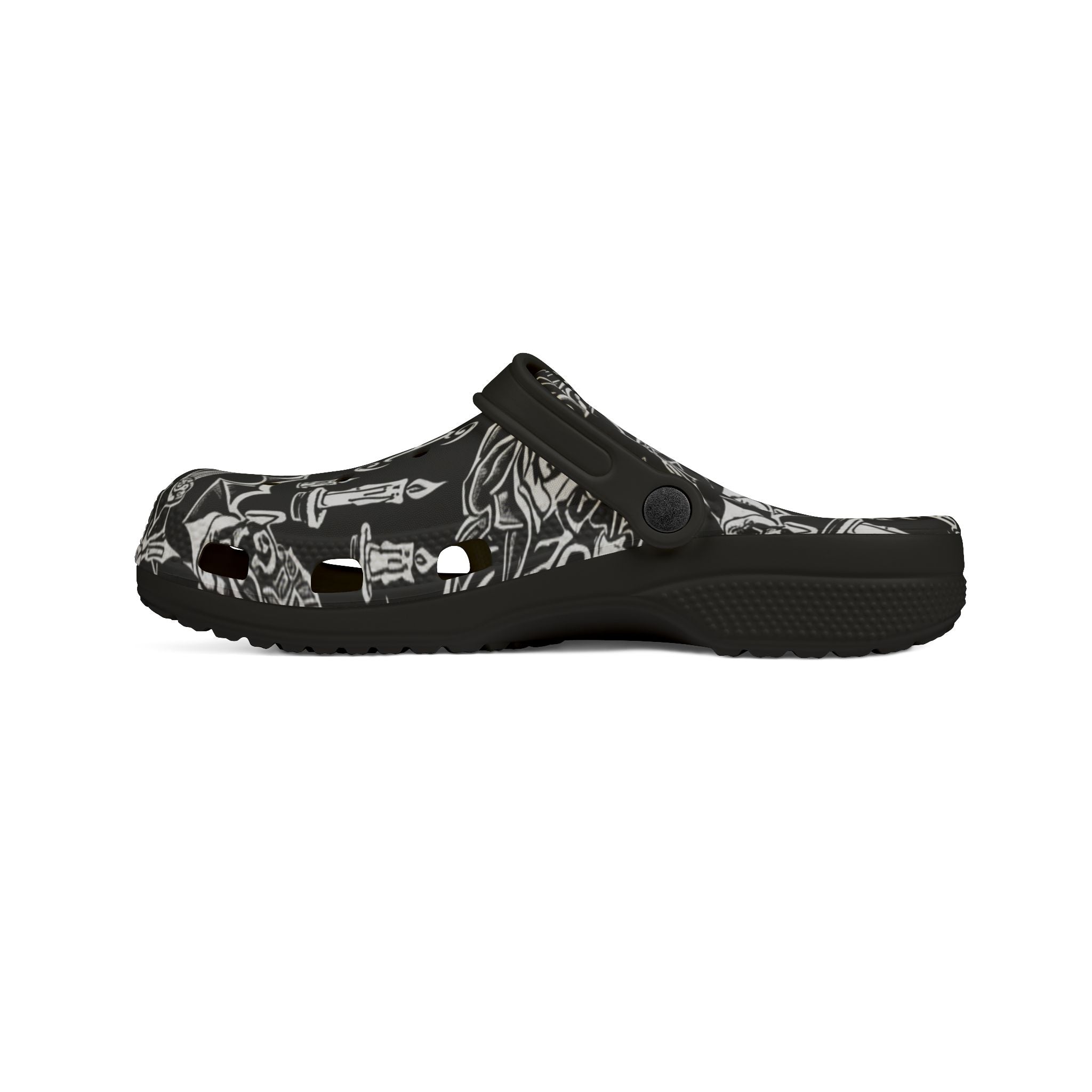 Gothic Skull & Dagger EVA Foam Clogs — Black All-Over Print