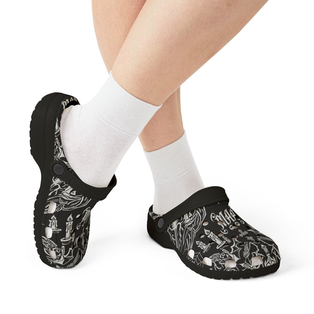 Gothic Skull & Dagger EVA Foam Clogs — Black All-Over Print