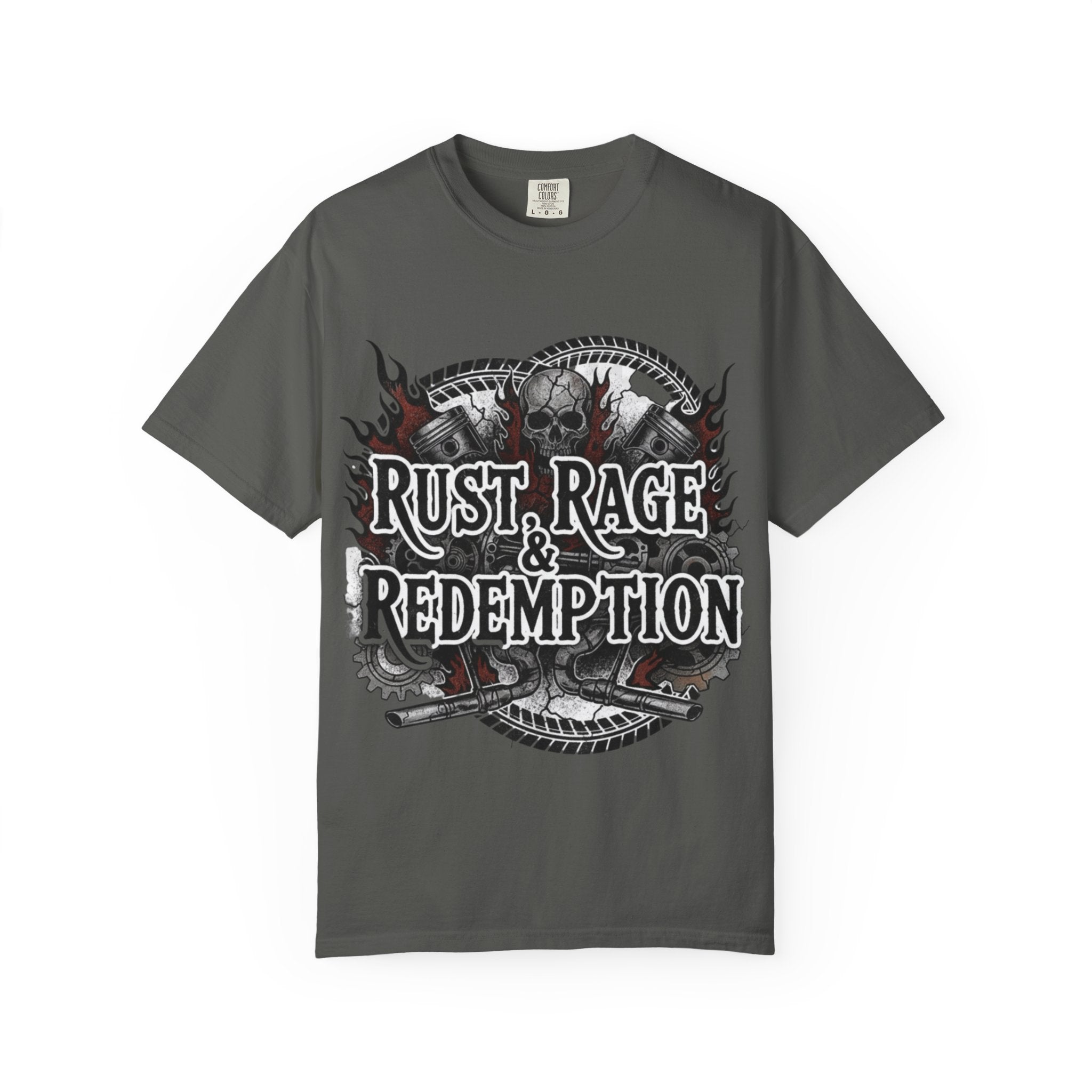 Rust, Rage & Redemption — White Stencil | MAA Gasoline & Ghosts Unisex Tee