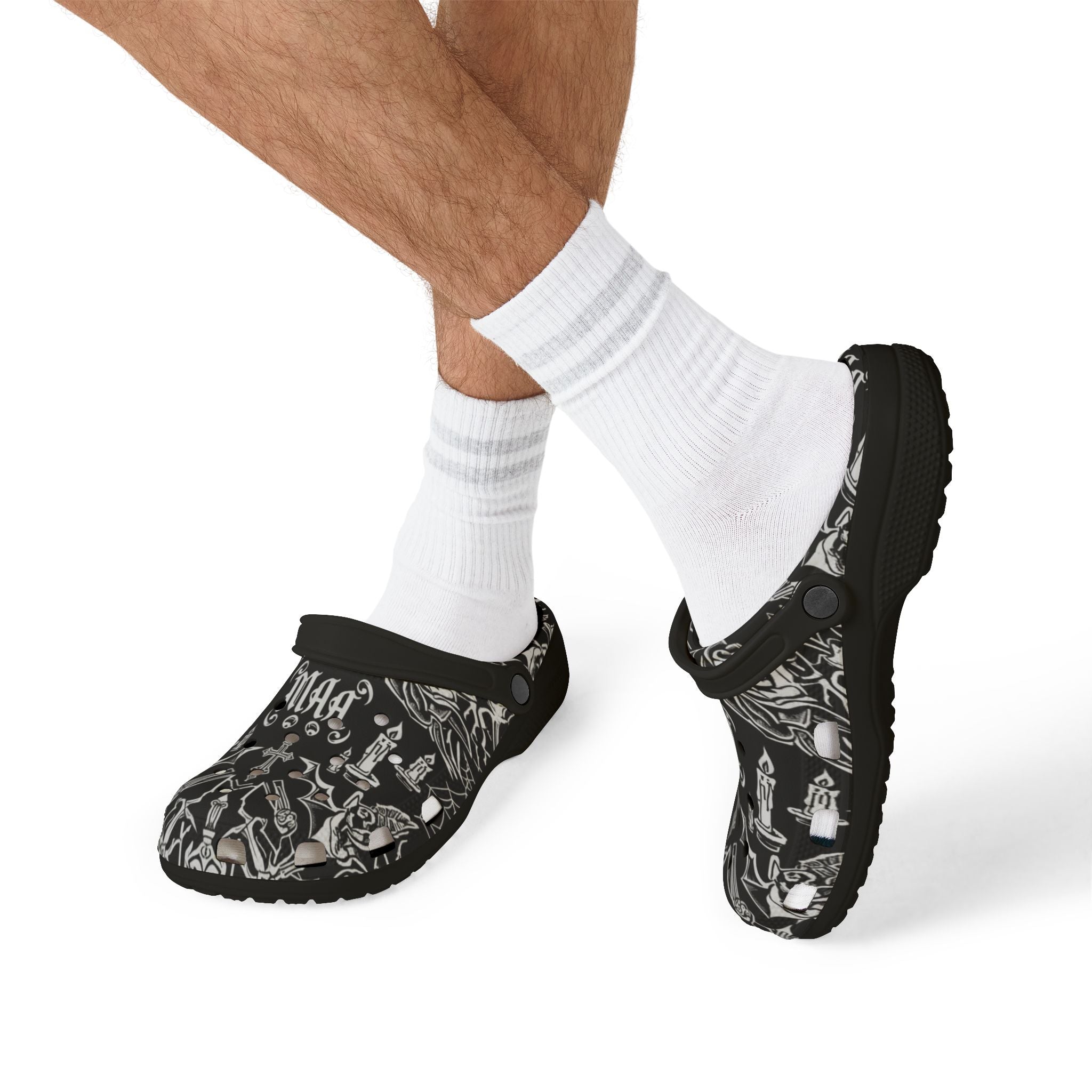 Gothic Skull & Dagger EVA Foam Clogs — Black All-Over Print