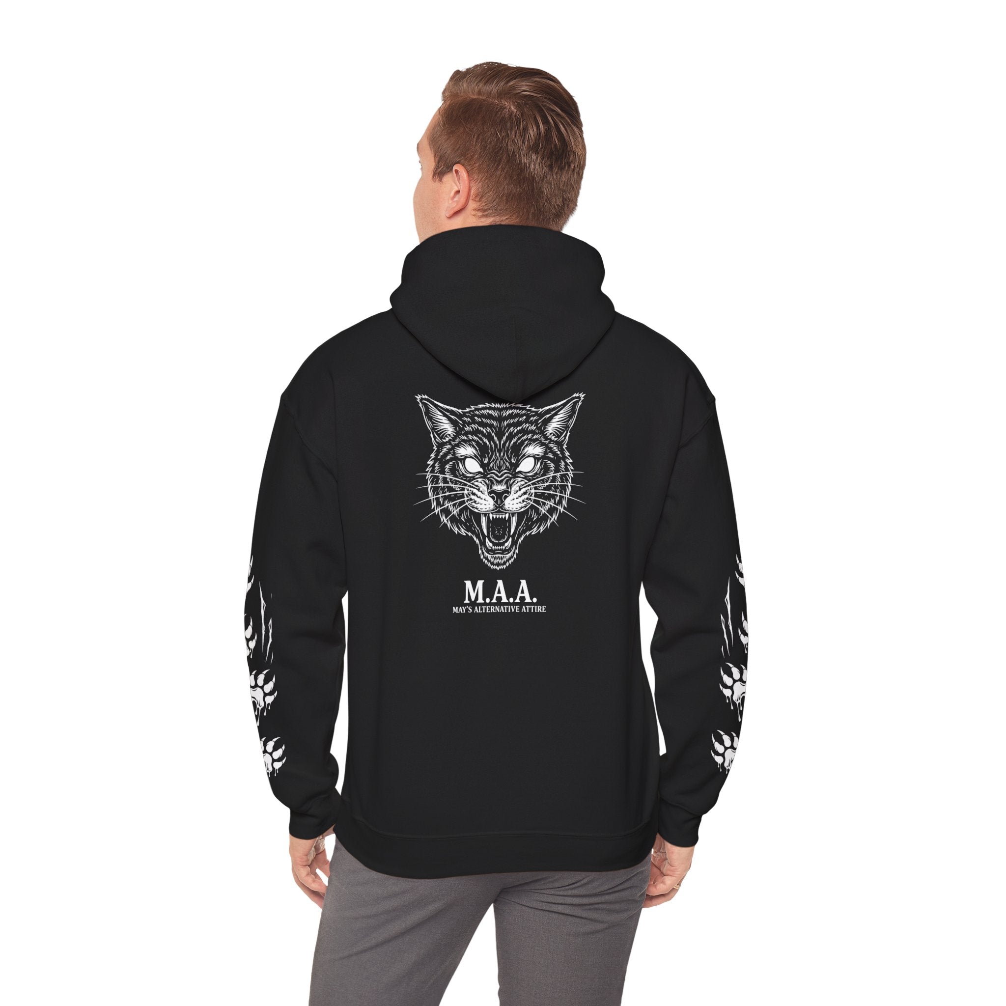 Cat Knows Hoodie — Black Graphic Cat Pullover with Paw Sleeve Prints