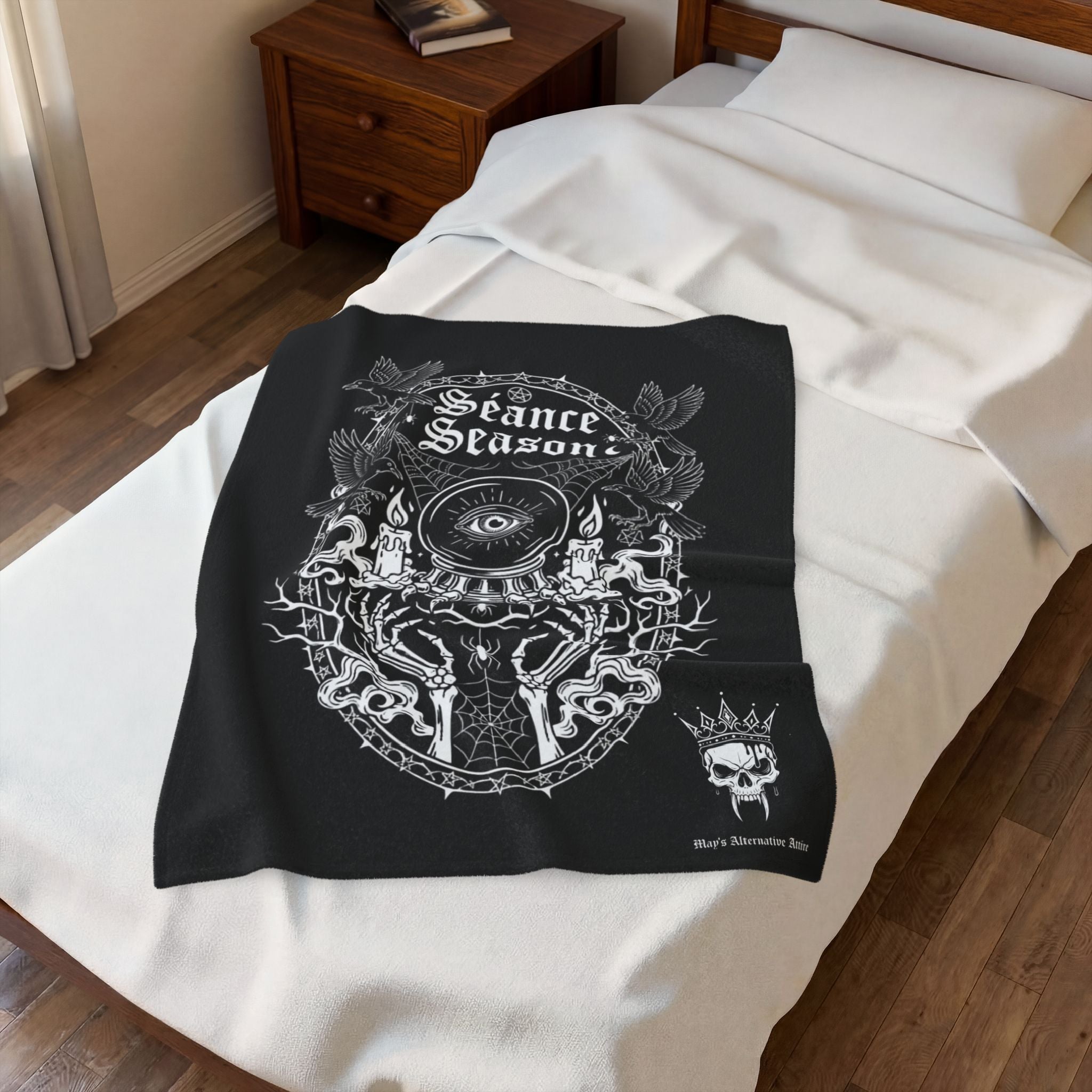 Séance Season Velveteen Plush Blanket — Gothic Occult Eye & Candle Throw