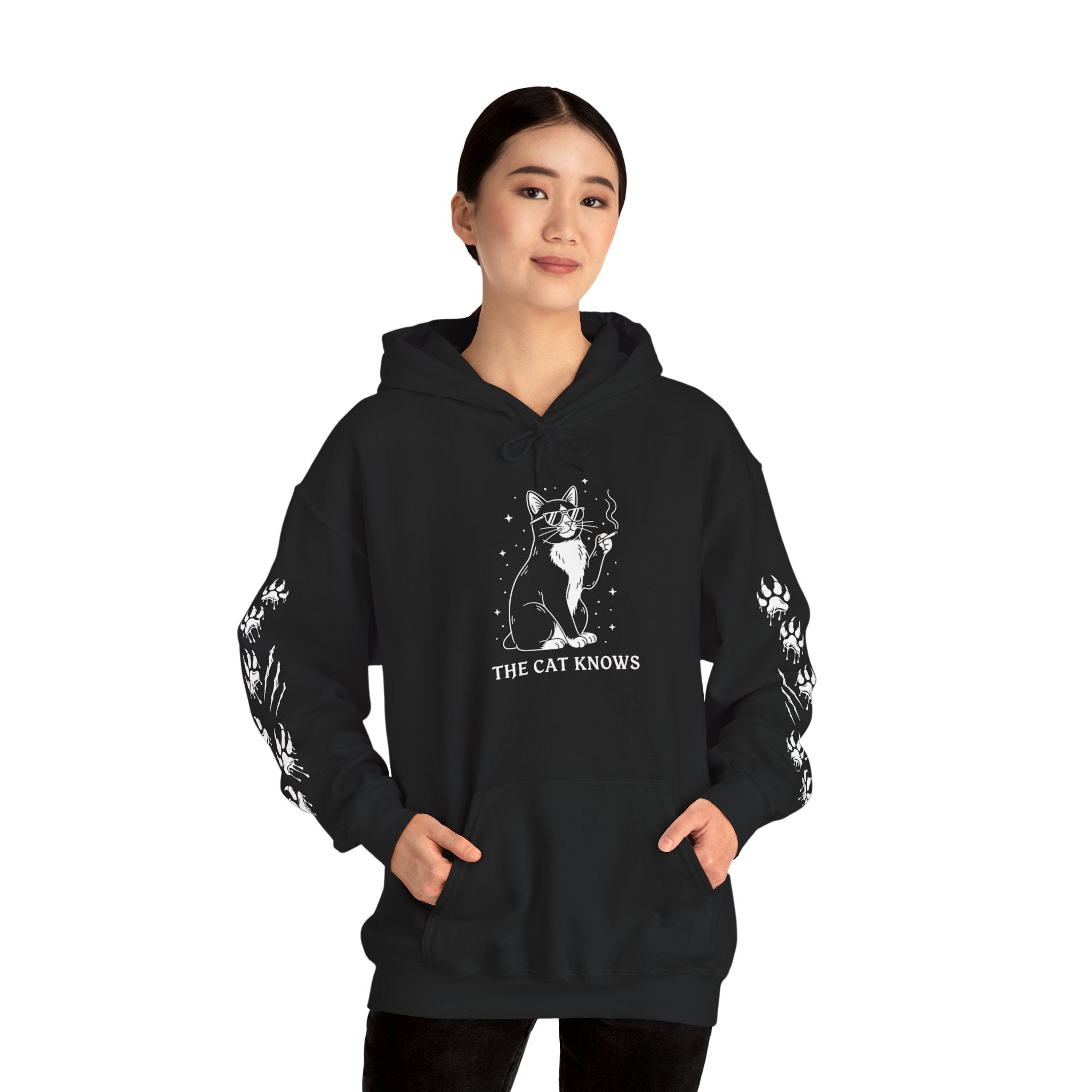 Cat Knows Hoodie — Black Graphic Cat Pullover with Paw Sleeve Prints