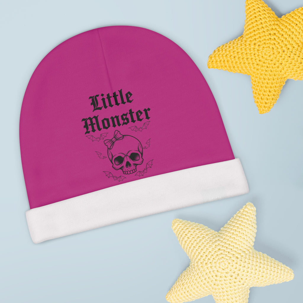 Baby Beanie - "Little Monster" Skull & Bats Pink Infant Hat