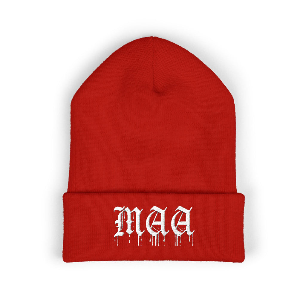 Embroidered Gothic "Maa" Cuffed Beanie — Black Drip Lettering Knit Hat