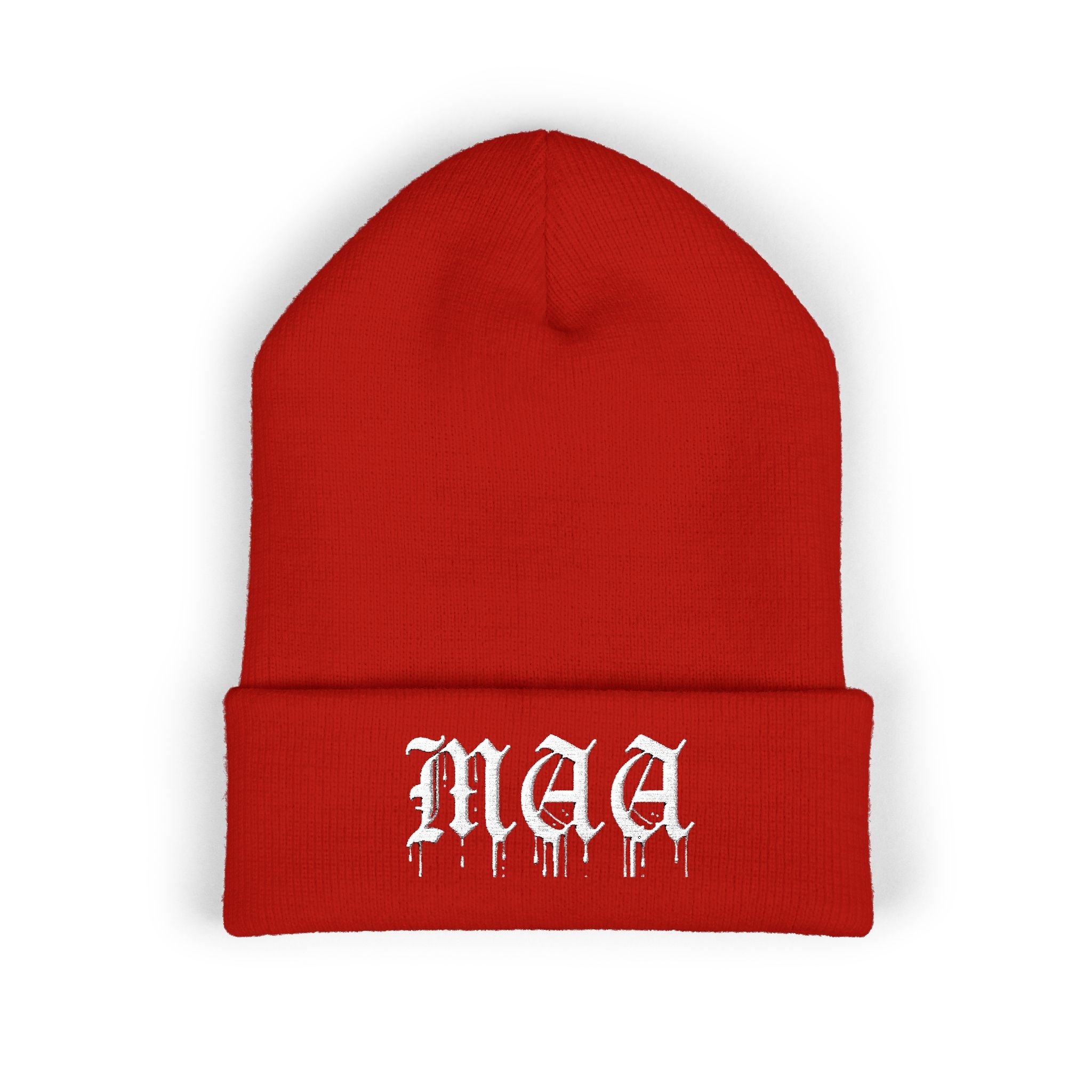 Embroidered Gothic "Maa" Cuffed Beanie — Black Drip Lettering Knit Hat