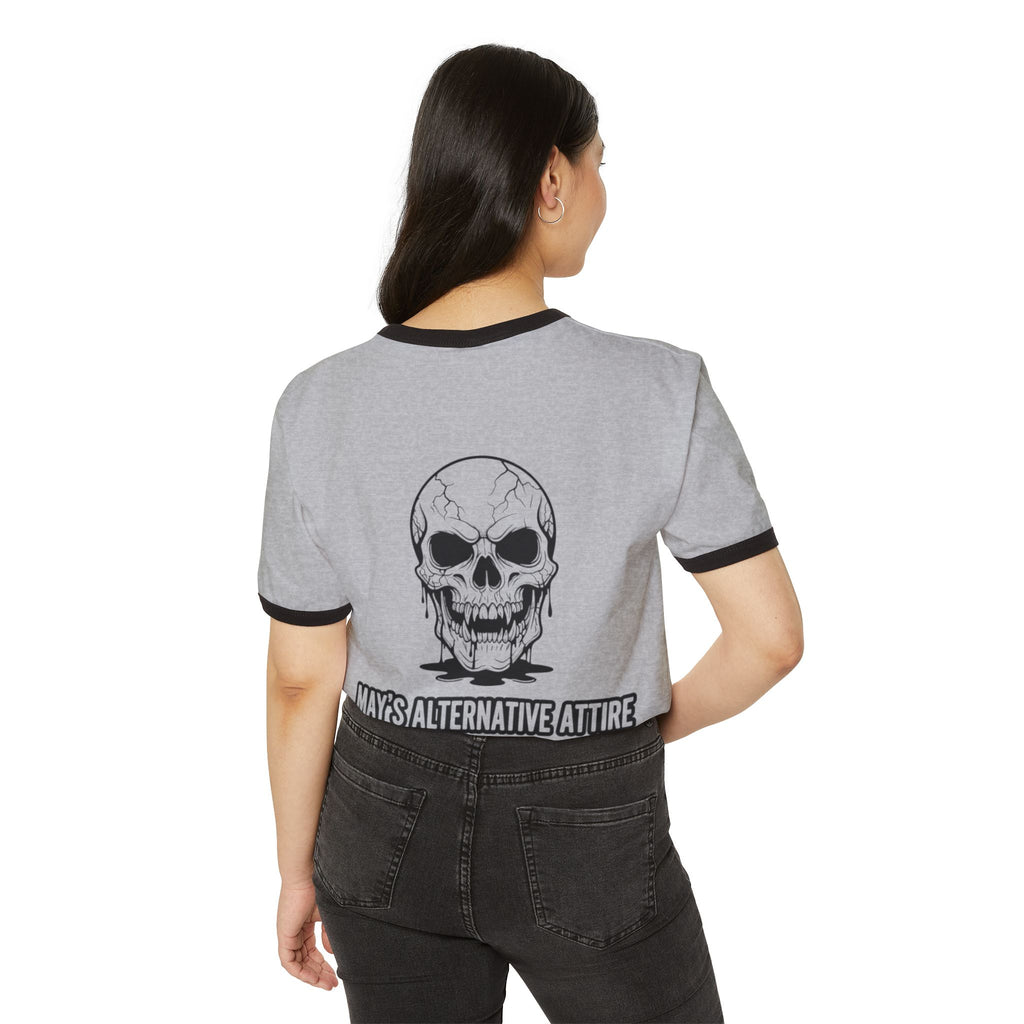 Ringer T-Shirt — “Tuxedo Chaos” Cat & Skull Graphic Retro Goth Tee