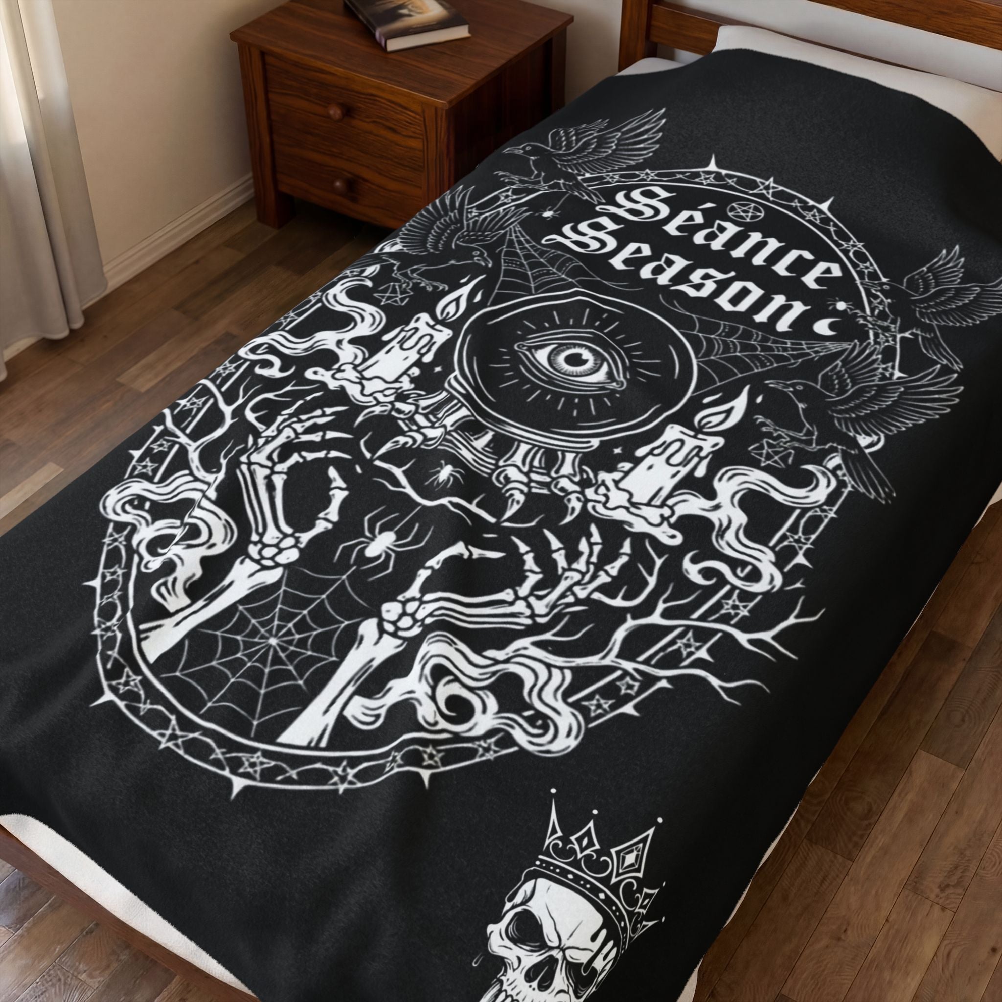 Séance Season Velveteen Plush Blanket — Gothic Occult Eye & Candle Throw