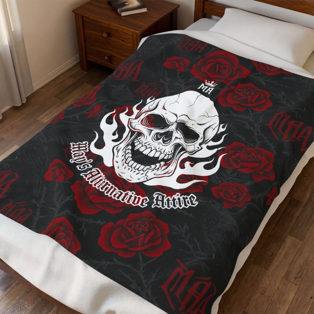 Skull & Roses Velveteen Plush Blanket — 'MOA' Alternative Gothic Throw