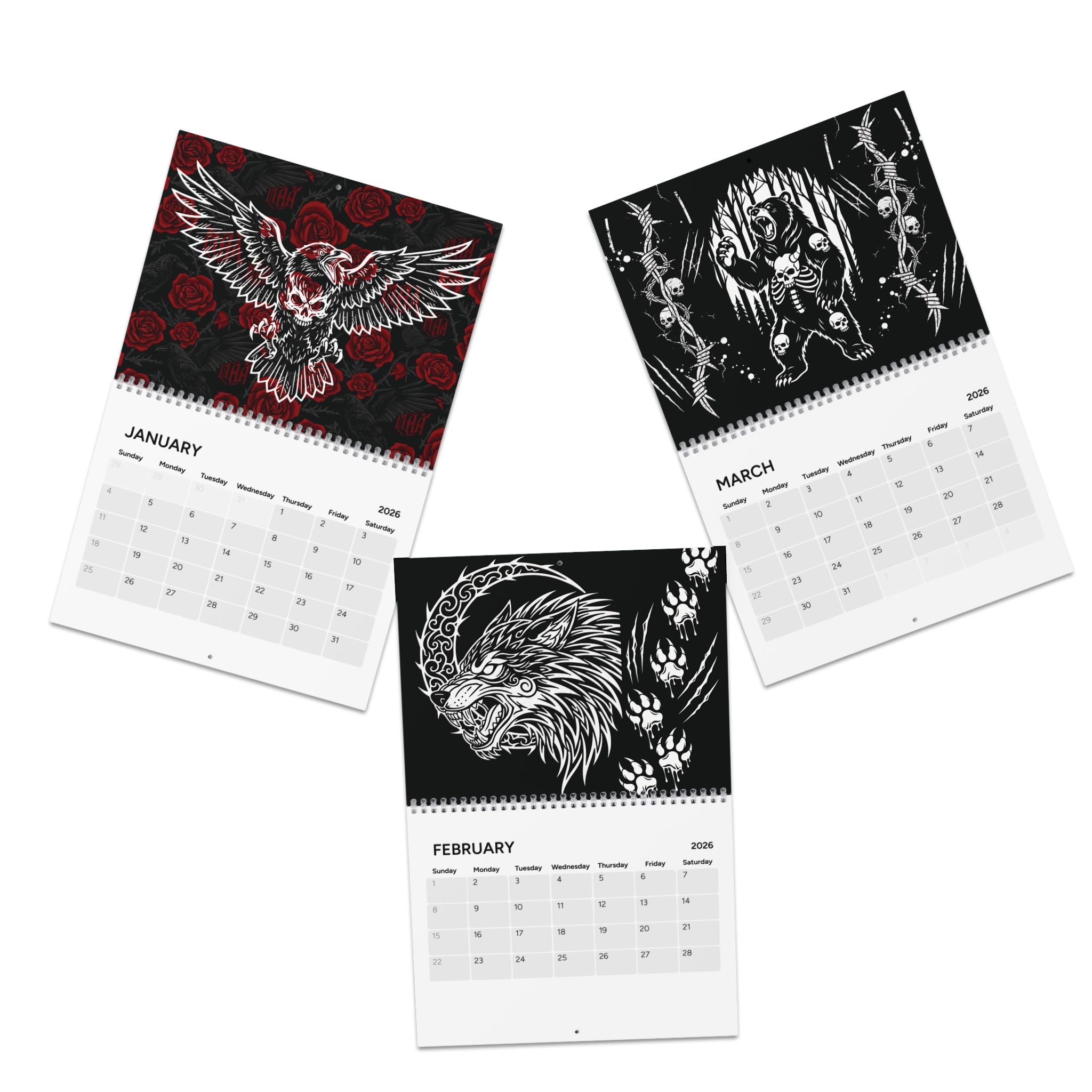 Dark Gothic 2026 Wall Calendar — Skull & Raven Art, Alternative Aesthetic