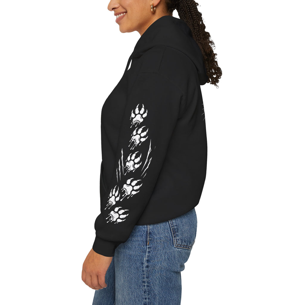 Cat Knows Hoodie — Black Graphic Cat Pullover with Paw Sleeve Prints