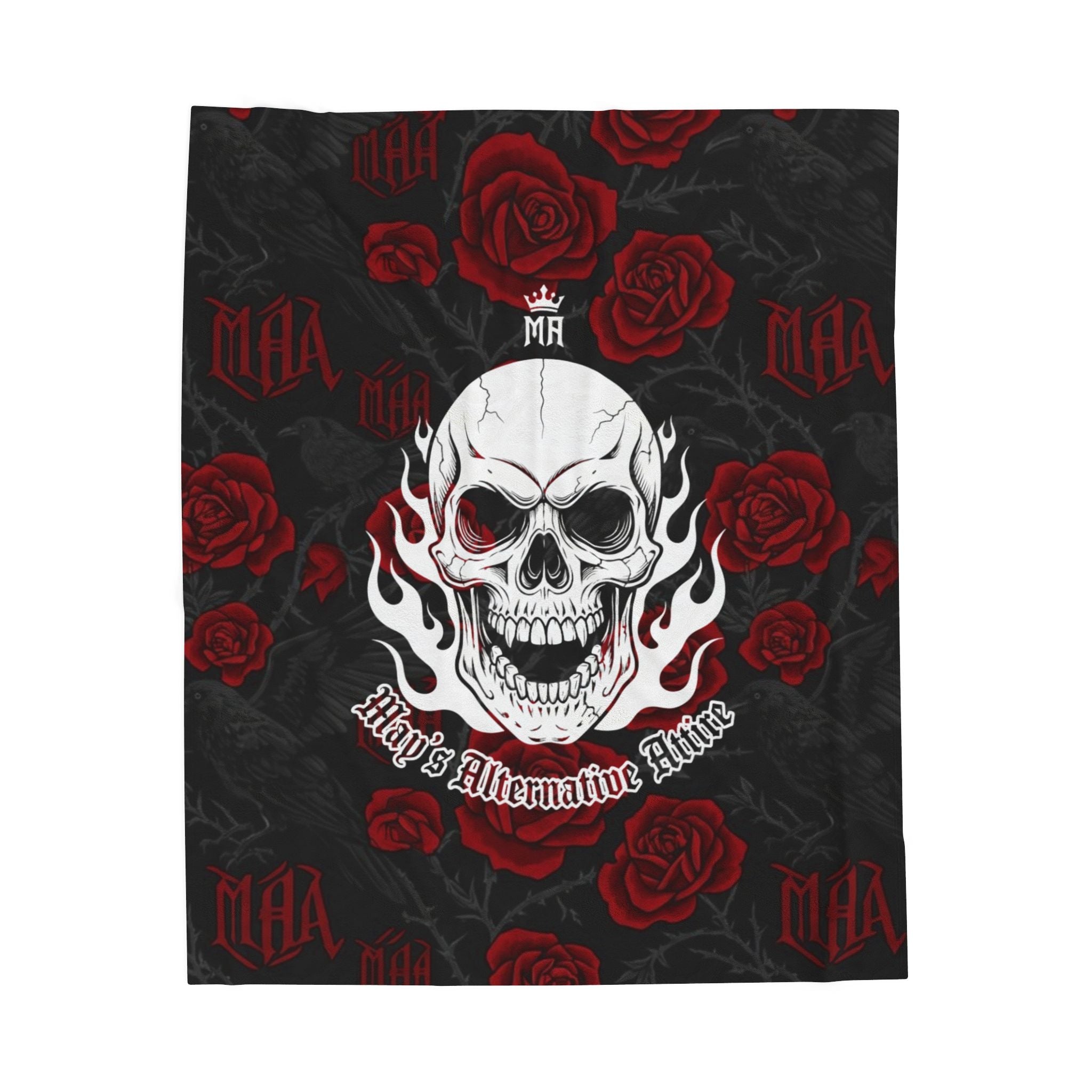 Skull & Roses Velveteen Plush Blanket — 'MOA' Alternative Gothic Throw
