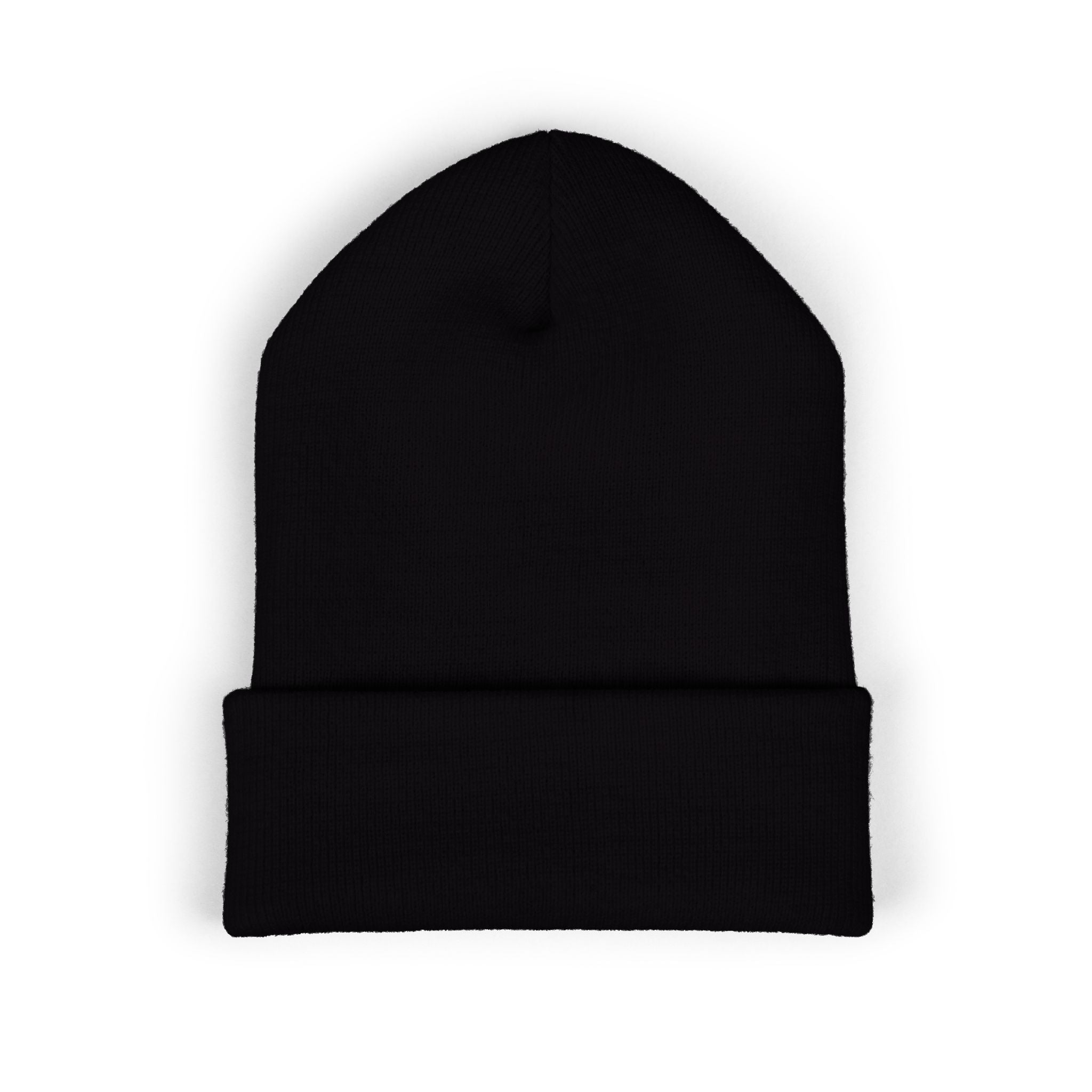Embroidered Gothic "Maa" Cuffed Beanie — Black Drip Lettering Knit Hat
