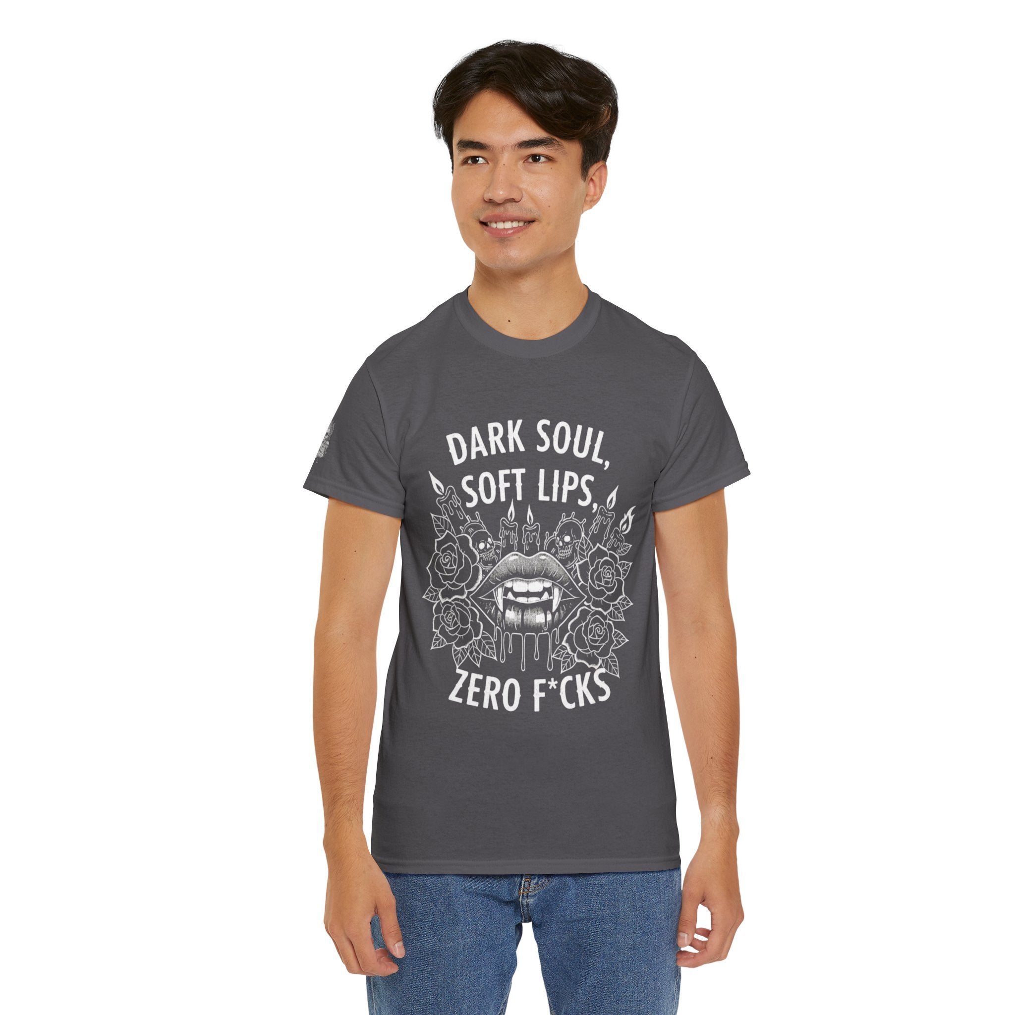 Dark Soul Skull Tee — "Dark Soul, Soft Lips, Zero F*cks" Gothic Graphic T-Shirt