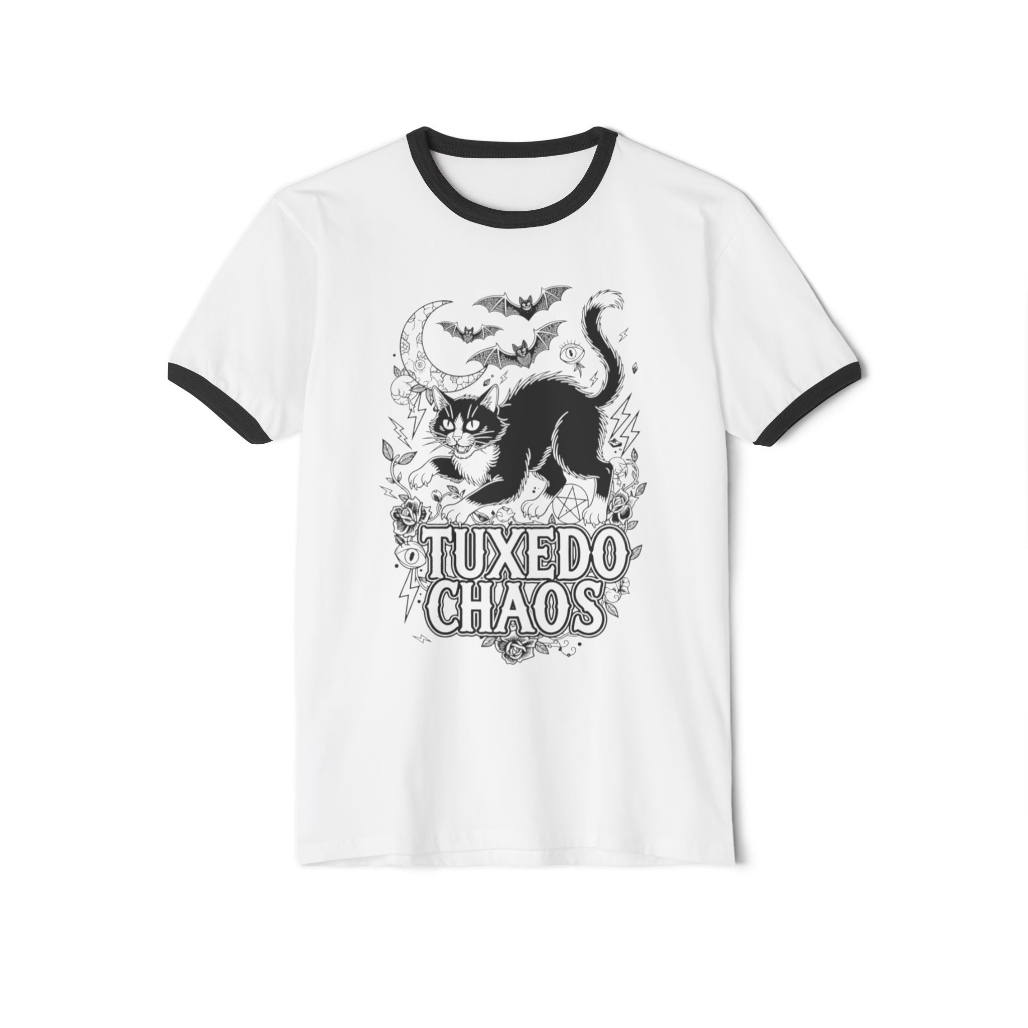 Ringer T-Shirt — “Tuxedo Chaos” Cat & Skull Graphic Retro Goth Tee