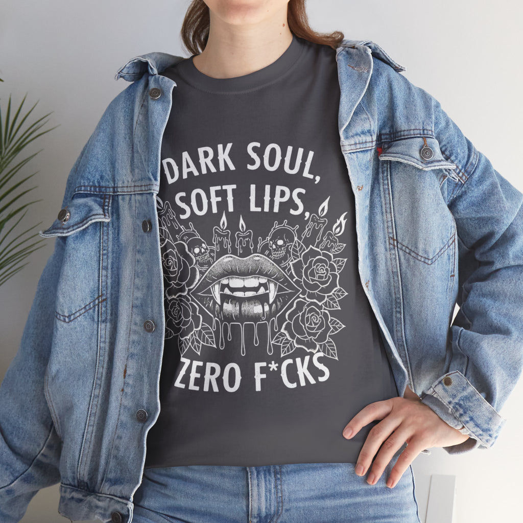 Dark Soul Skull Tee — "Dark Soul, Soft Lips, Zero F*cks" Gothic Graphic T-Shirt