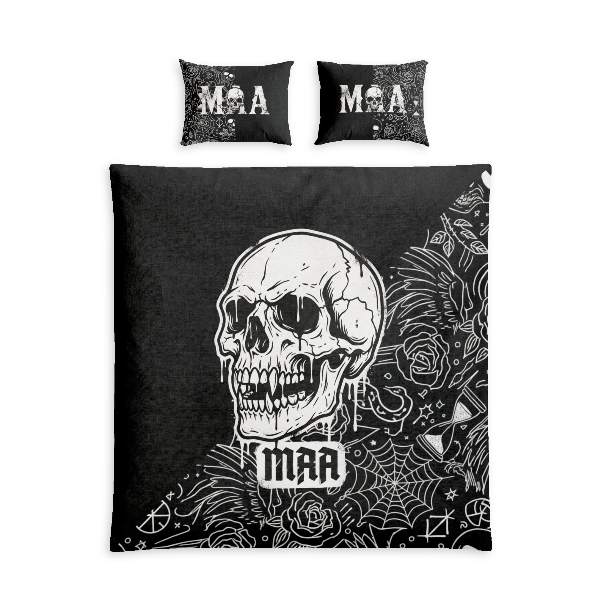 Skull & Roses Cotton Bed Set – Gothic Skull Duvet Cover with MAA Pillowcases