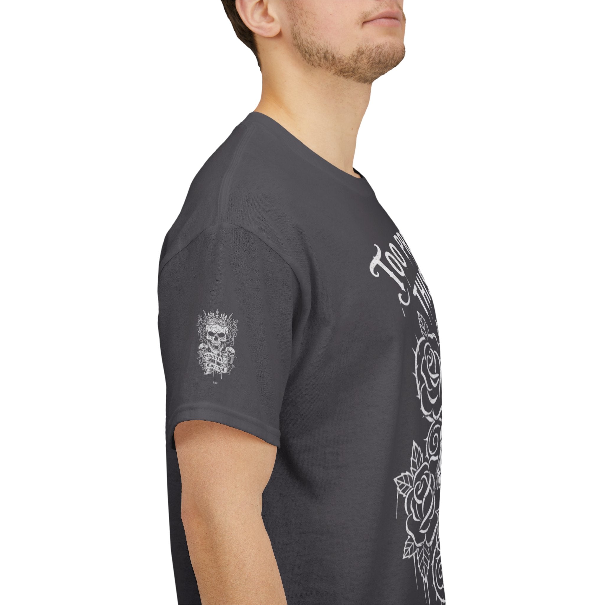 Skull Rose Graphic Tee — "Too Pretty to Be This F*cked Up" Gothic Punk T‑Shirt