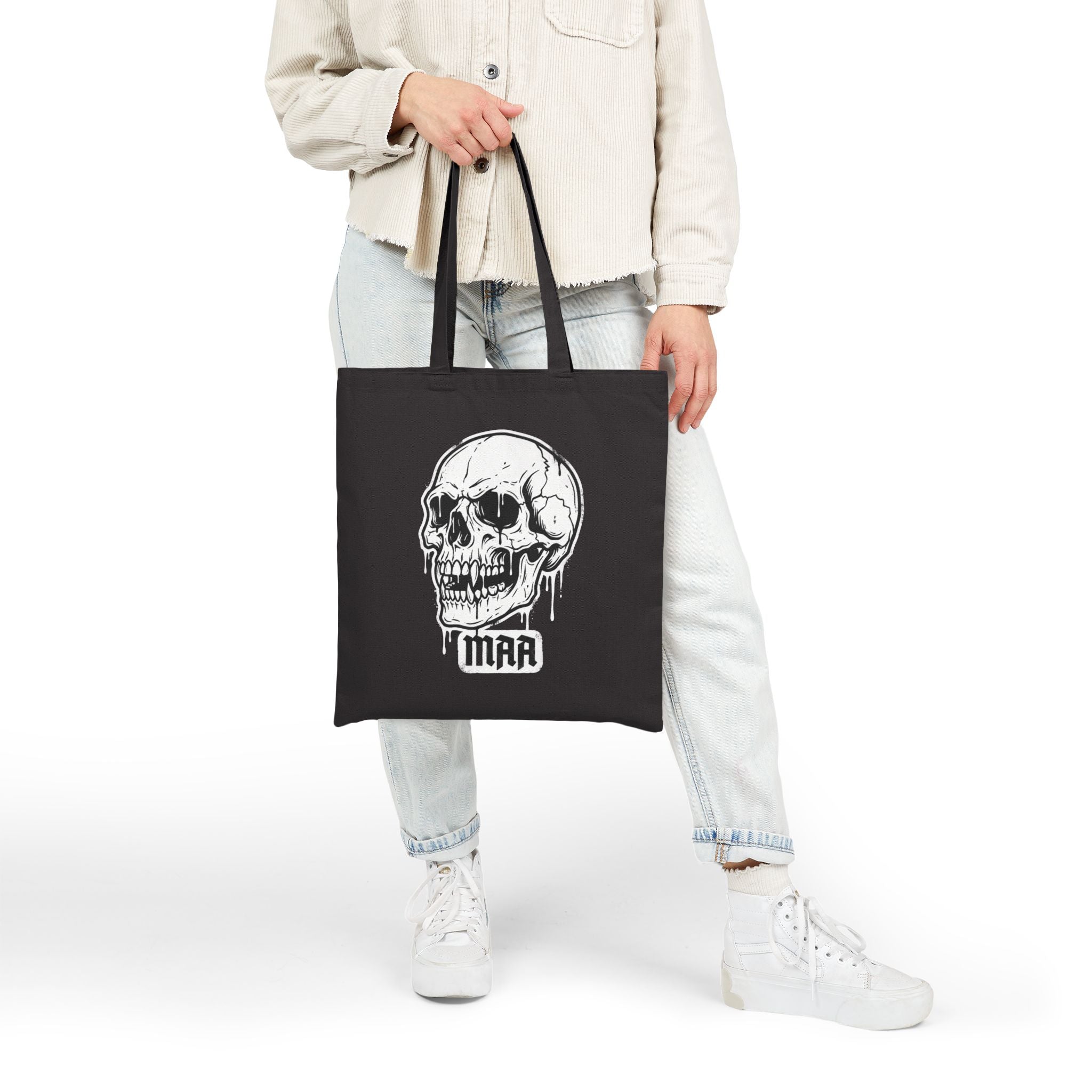 Born Rogue Cat & Dripping Skull Tote Bag — Gothic Canvas Shopper