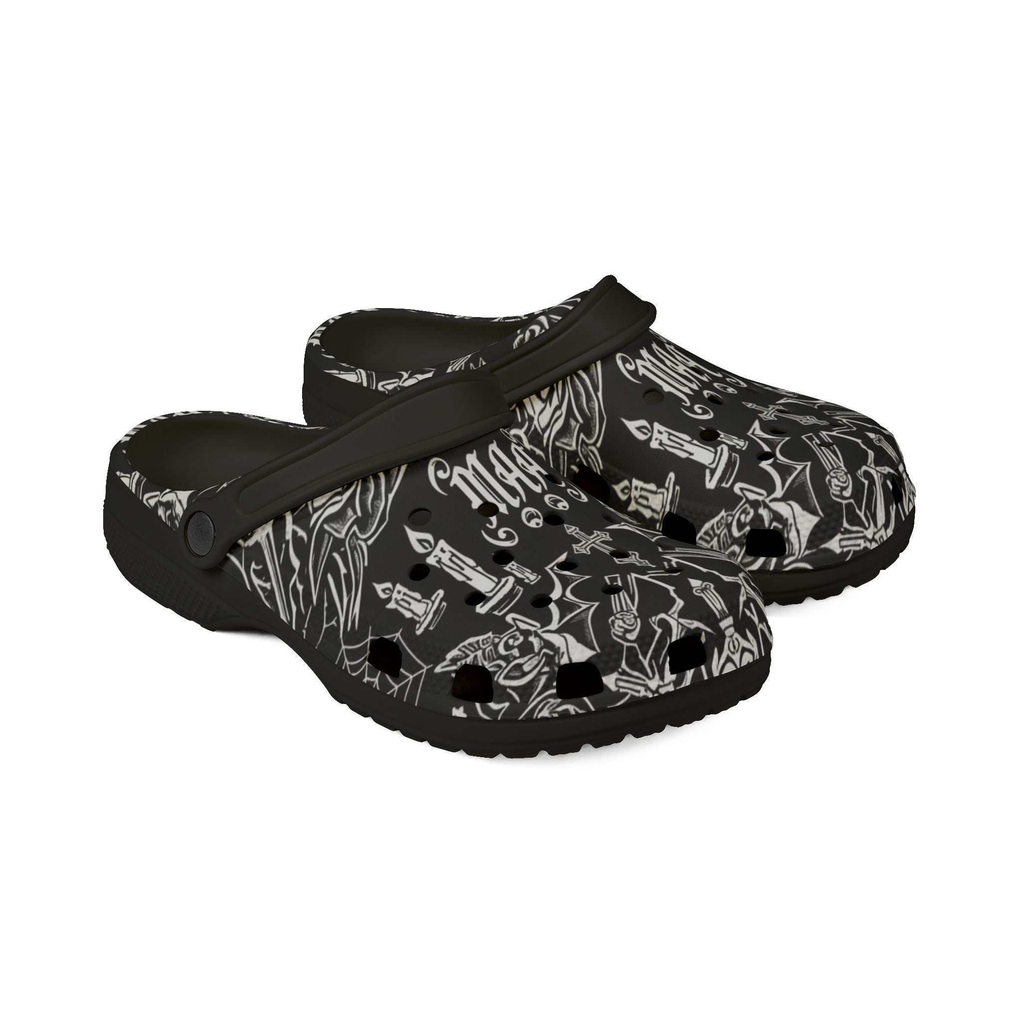 Gothic Skull & Dagger EVA Foam Clogs — Black All-Over Print