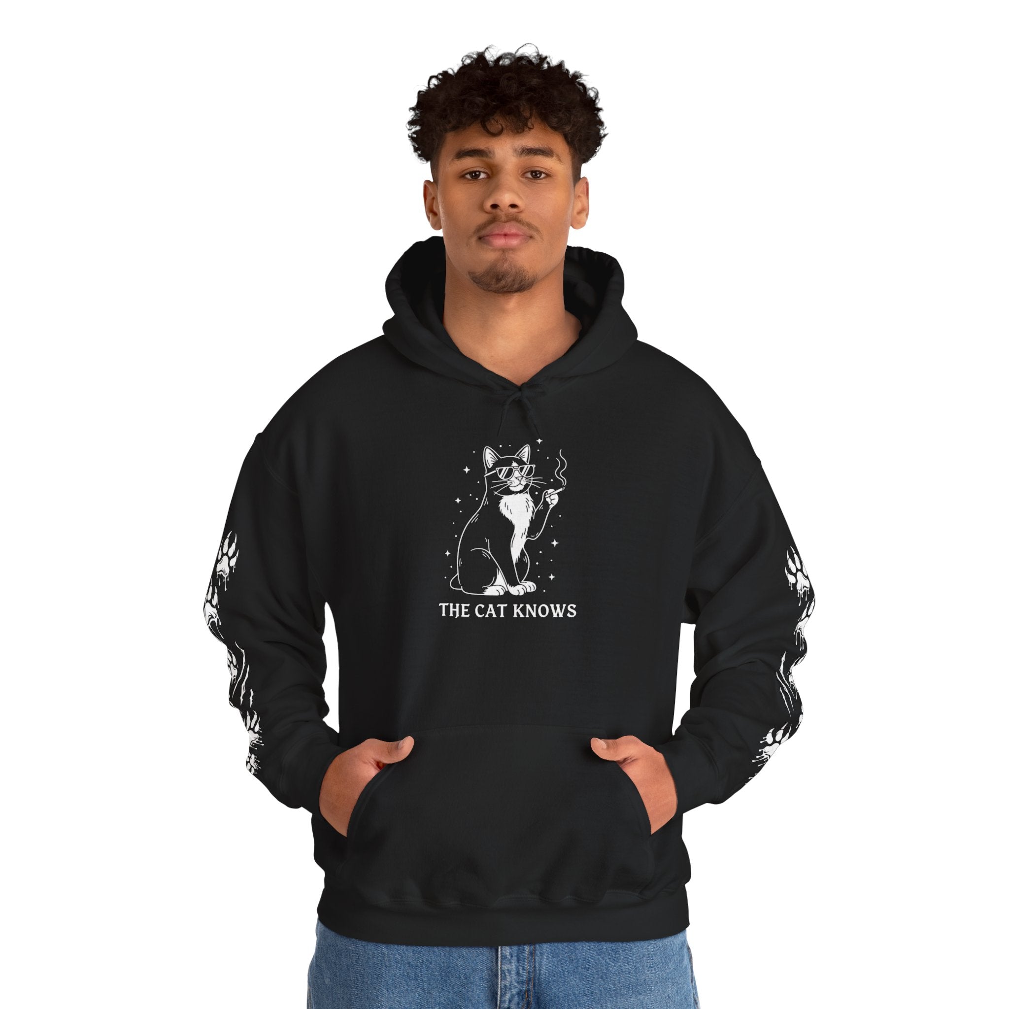 Cat Knows Hoodie — Black Graphic Cat Pullover with Paw Sleeve Prints