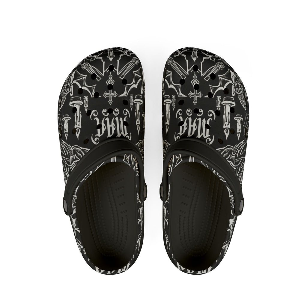 Gothic Skull & Dagger EVA Foam Clogs — Black All-Over Print