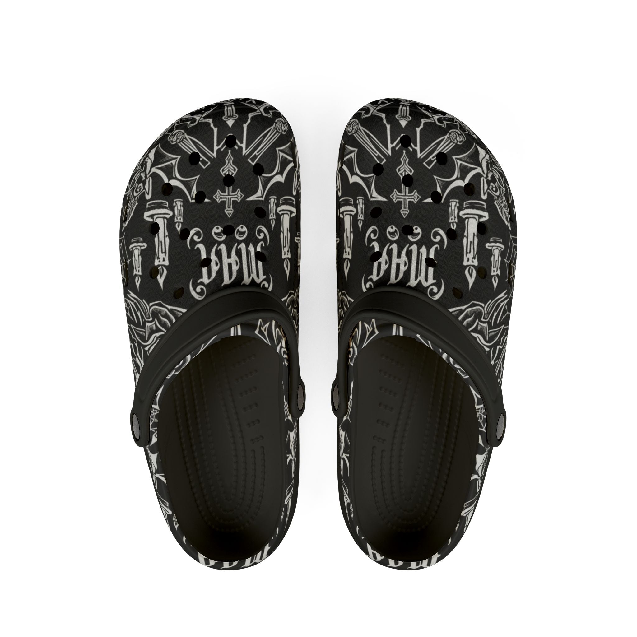 Gothic Skull & Dagger EVA Foam Clogs — Black All-Over Print