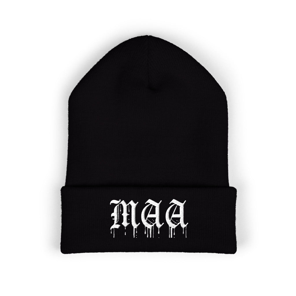 Embroidered Gothic "Maa" Cuffed Beanie — Black Drip Lettering Knit Hat
